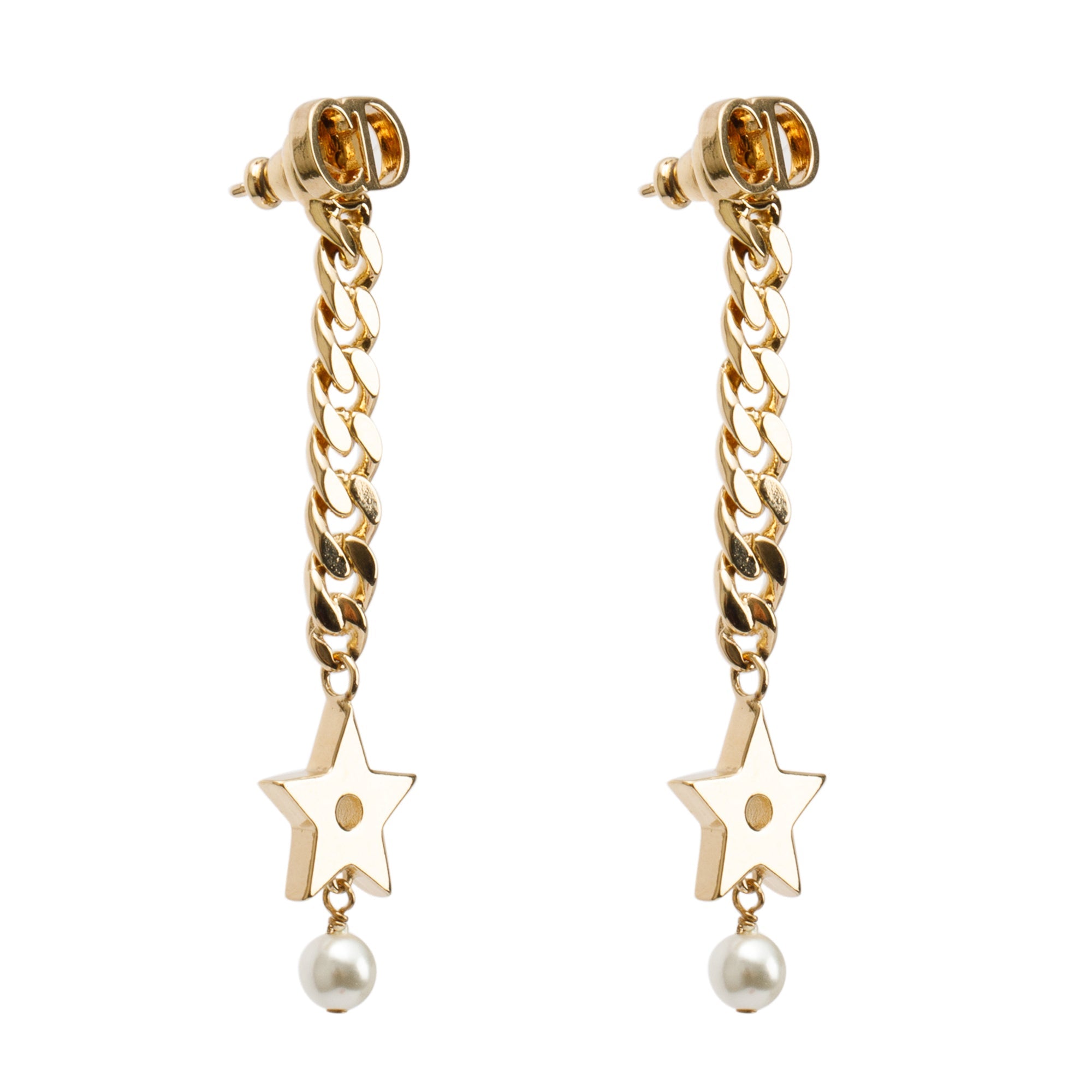 Christian Dior Gold Plated Faux Pearl CD Chain Star Drop Earrings