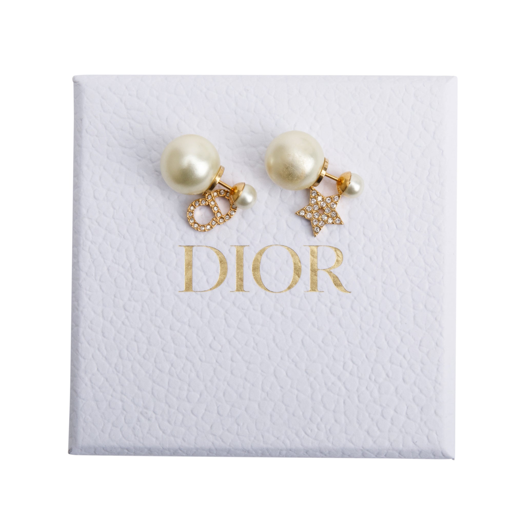 Christian Dior Gold Plated Faux Pearl Crystal CD Star Tribales Earrings w/ Box