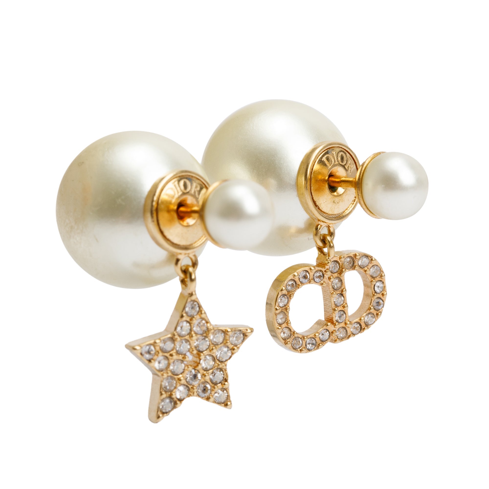 Christian Dior Gold Plated Faux Pearl Crystal CD Star Tribales Earrings w/ Box