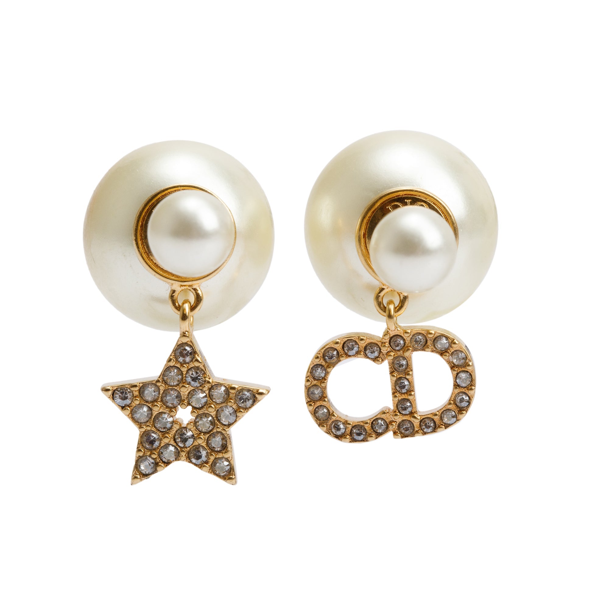 Christian Dior Gold Plated Faux Pearl Crystal CD Star Tribales Earrings w/ Box