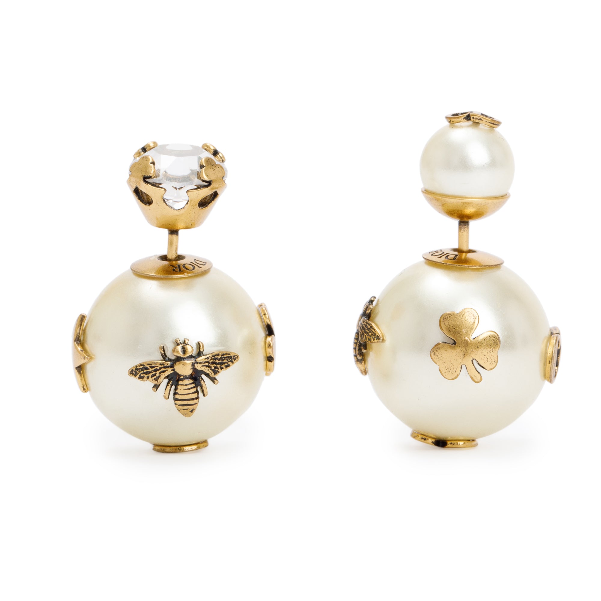 Christian Dior Gold Plated Faux Pearl & Crystal Lucky Charm Tribales Earrings w/ Box