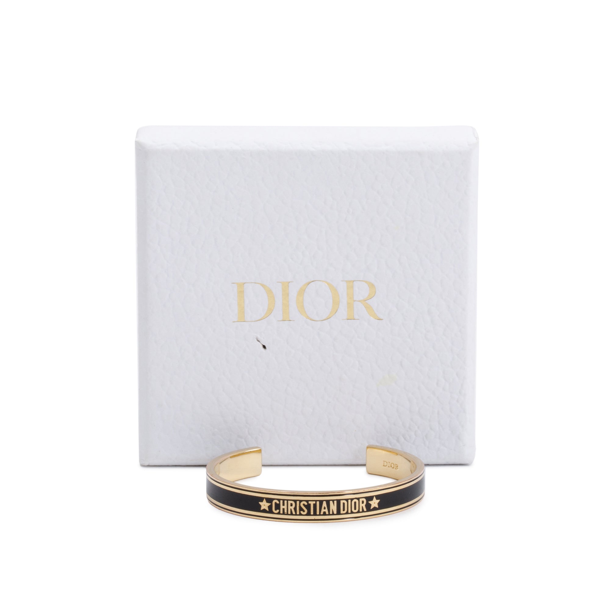 Christian Dior Gold Tone Metal Black Enamel Dior Code Cuff Bracelet w/ Box