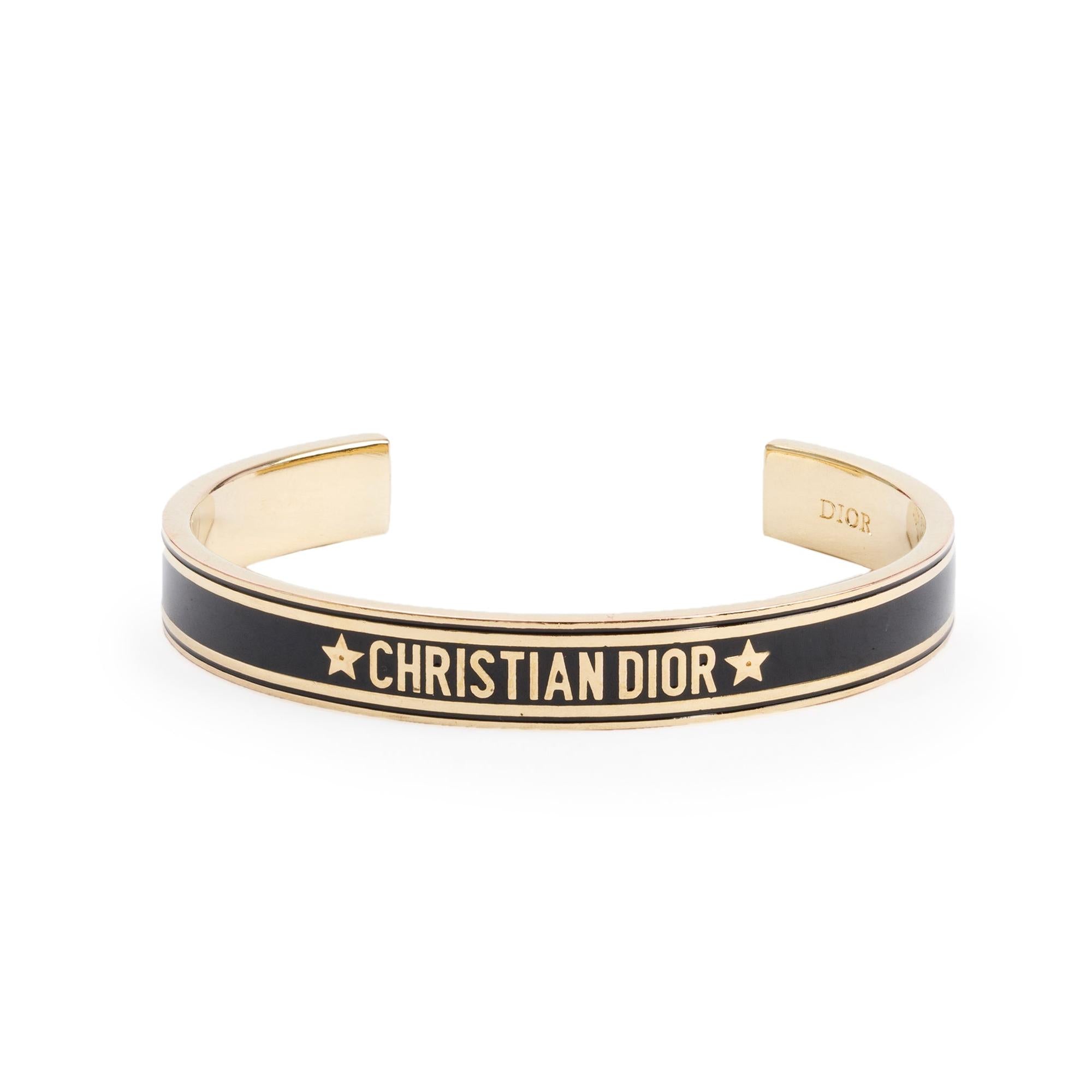 Christian Dior Gold Tone Metal Black Enamel Dior Code Cuff Bracelet w/ Box