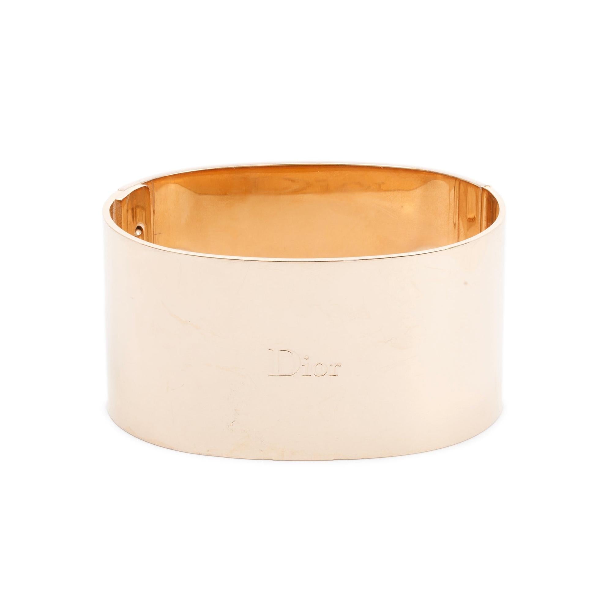Christian Dior Gold Tone Metal Blush Enamel Hinged Cuff Bracelet w/ Box