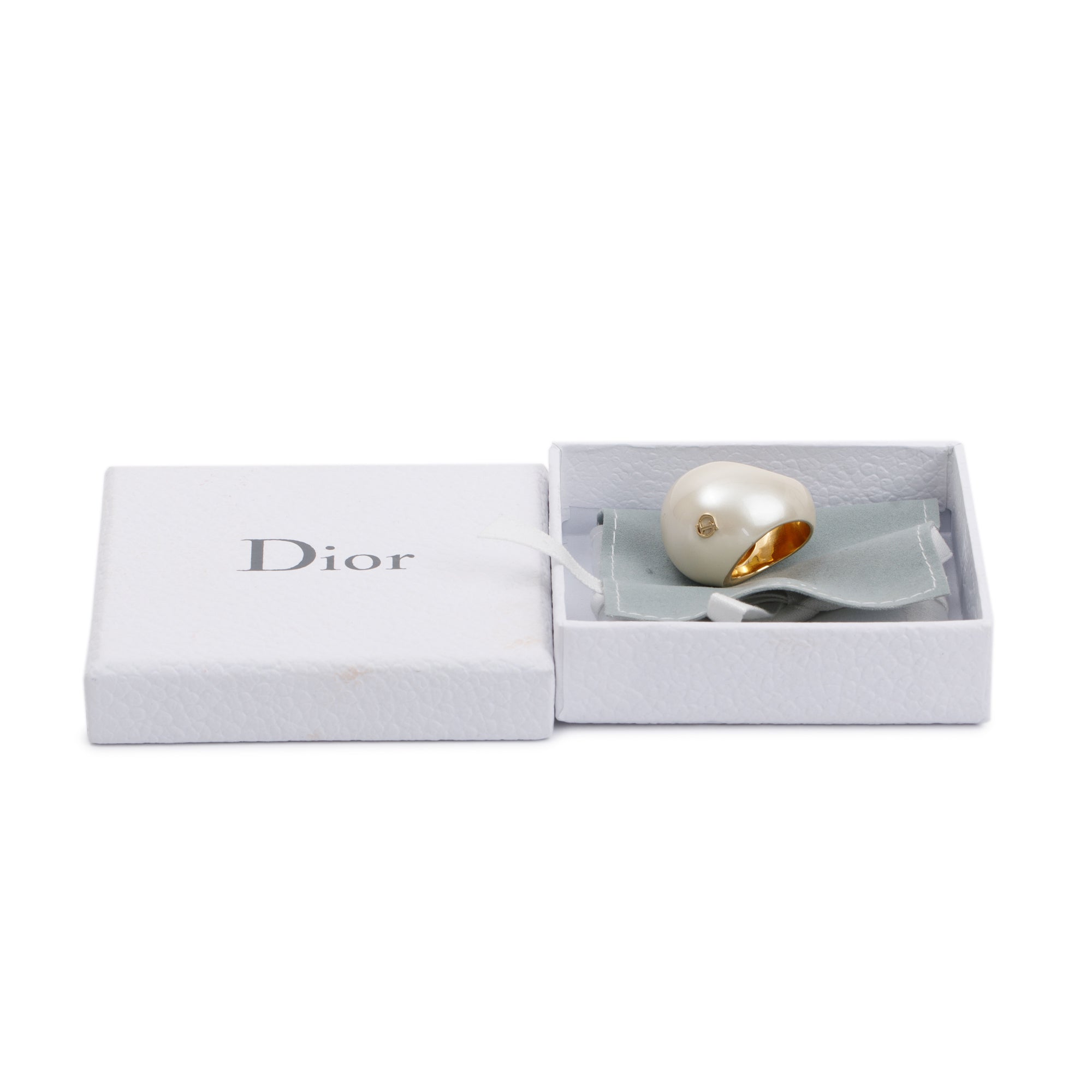 Christian Dior Gold Tone Metal Faux Pearl CD Dome Ring, L Size 6.5 w/ Box