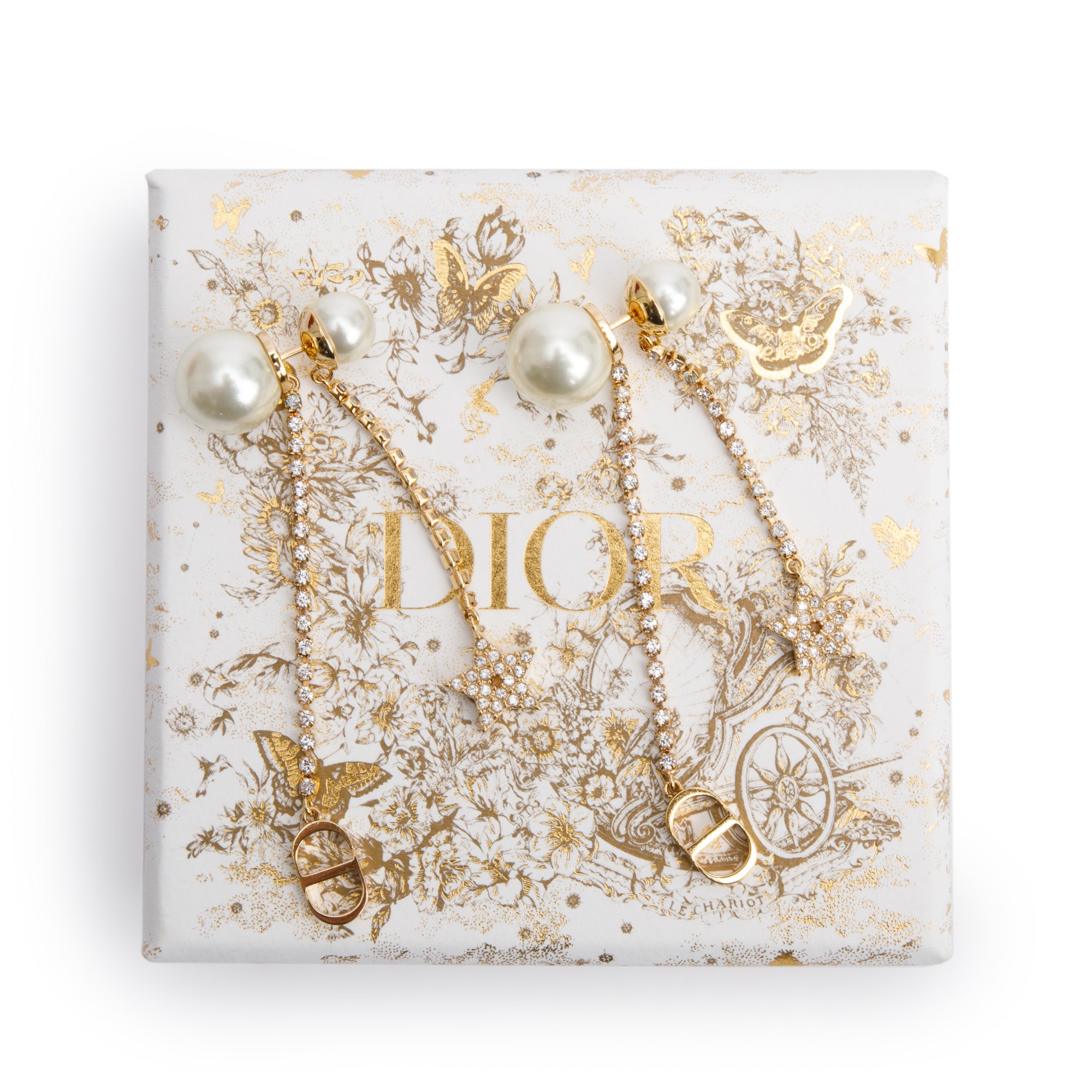 Christian Dior Gold-Tone Metal Faux Pearl & Crystal Tribales CD Drop Earrings w/ Box