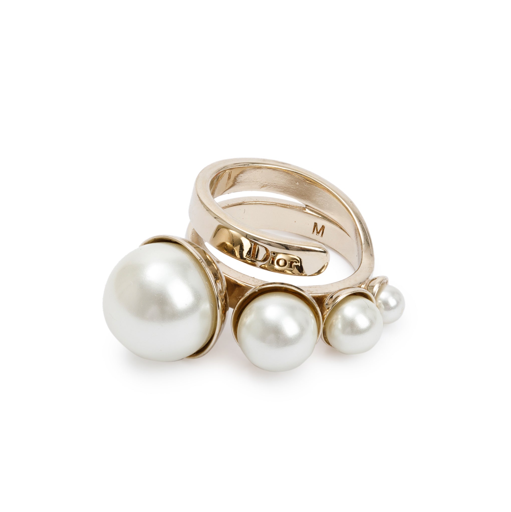 Christian Dior Gold Tone Metal Faux Pearl Wrap Ring, M Size 6