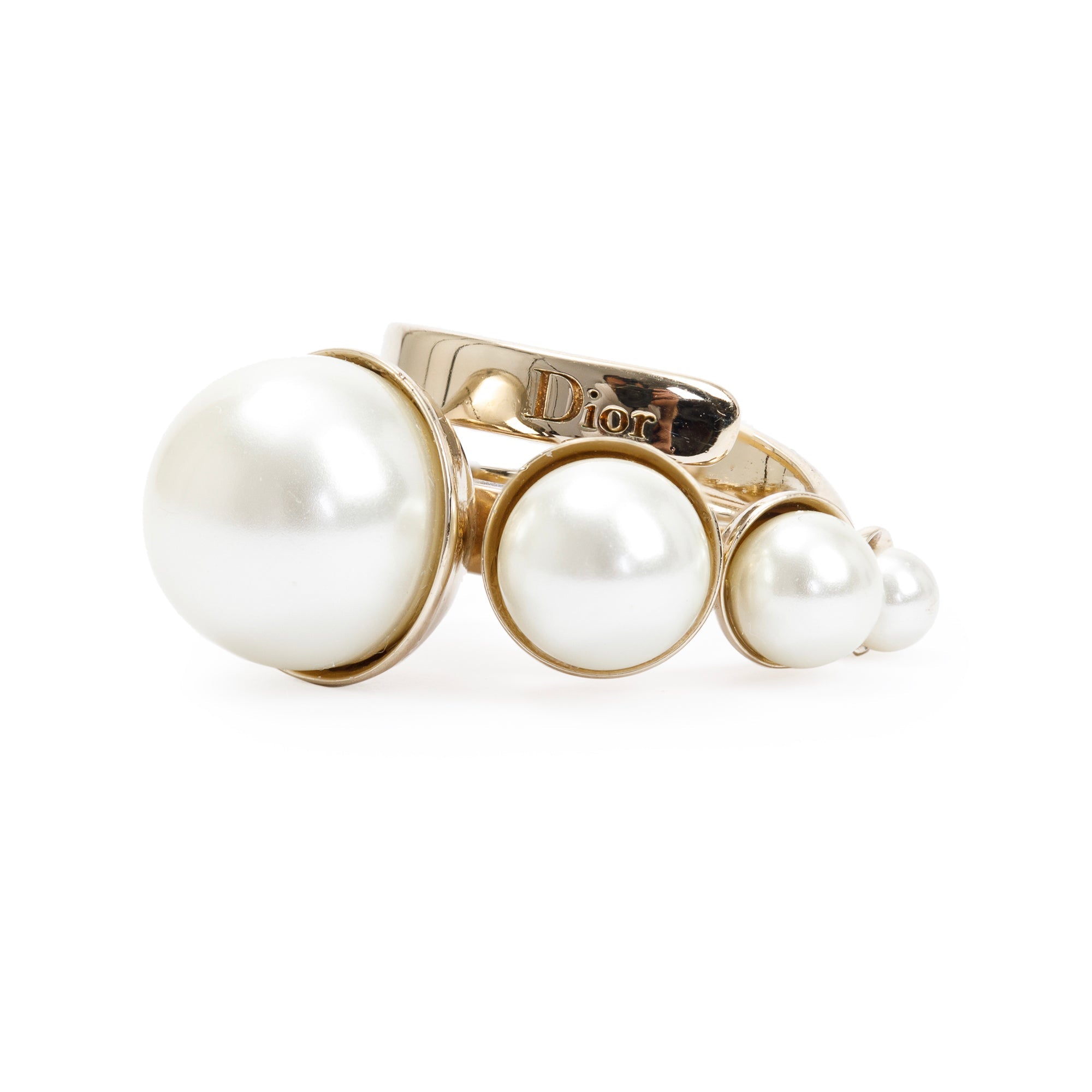 Christian Dior Gold Tone Metal Faux Pearl Wrap Ring, M Size 6
