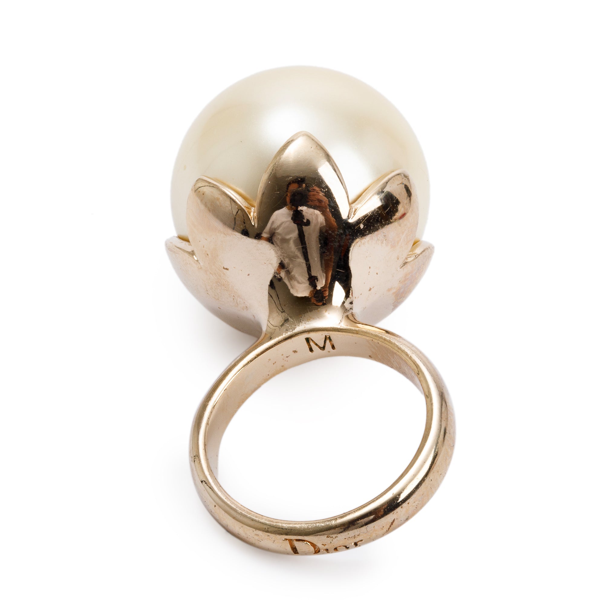 Christian Dior Gold Tone Metal Mise en Dior Faux Pearl Ring, M Size 5.75