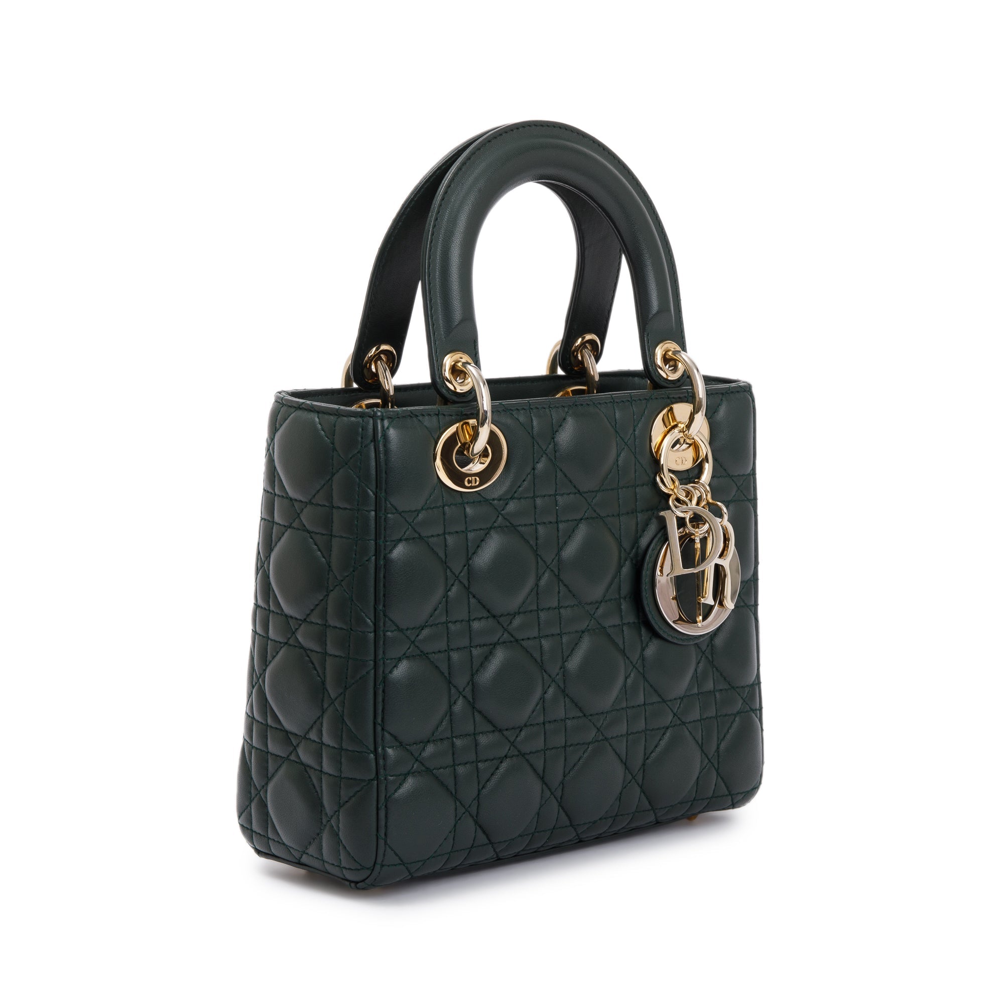 Christian Dior Green Cannage Lambskin Leather Small Lady Dior My Abcdior Bag w/ Strap & Authenticity Card