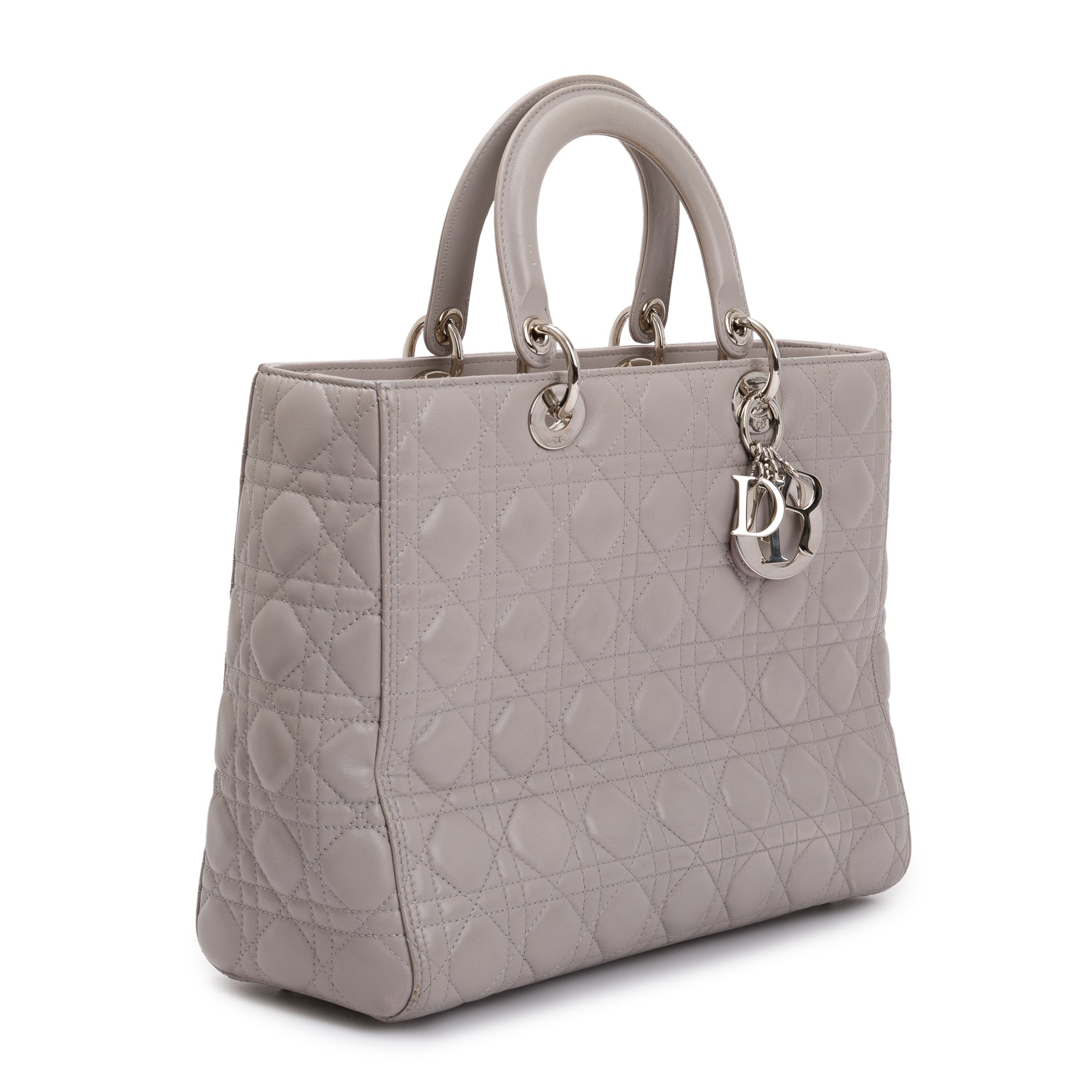 Christian Dior Grey Cannage Lambskin Leather Large Lady Dior Bag w/ Authenticity Card