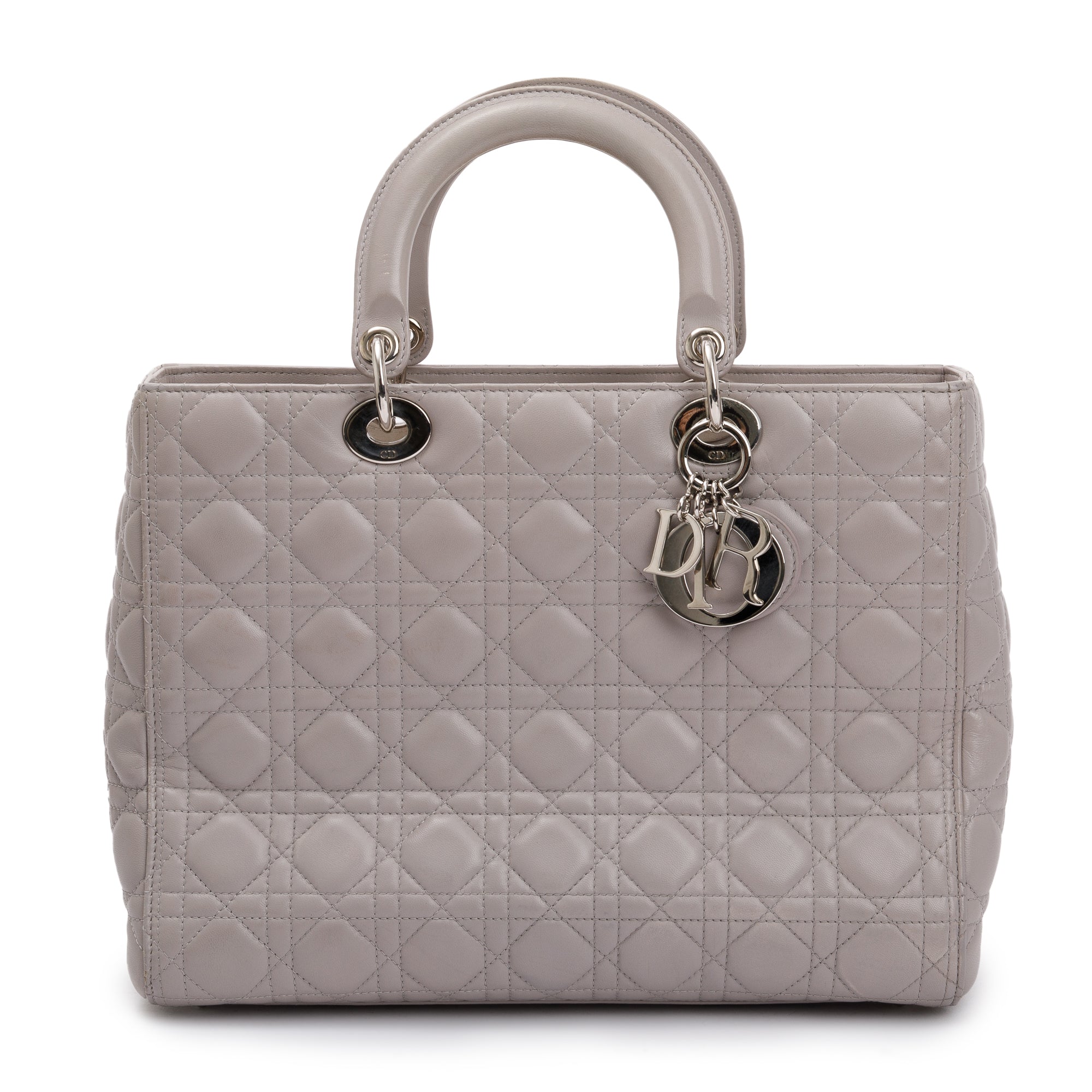 Christian Dior Grey Cannage Lambskin Leather Large Lady Dior Bag w/ Authenticity Card