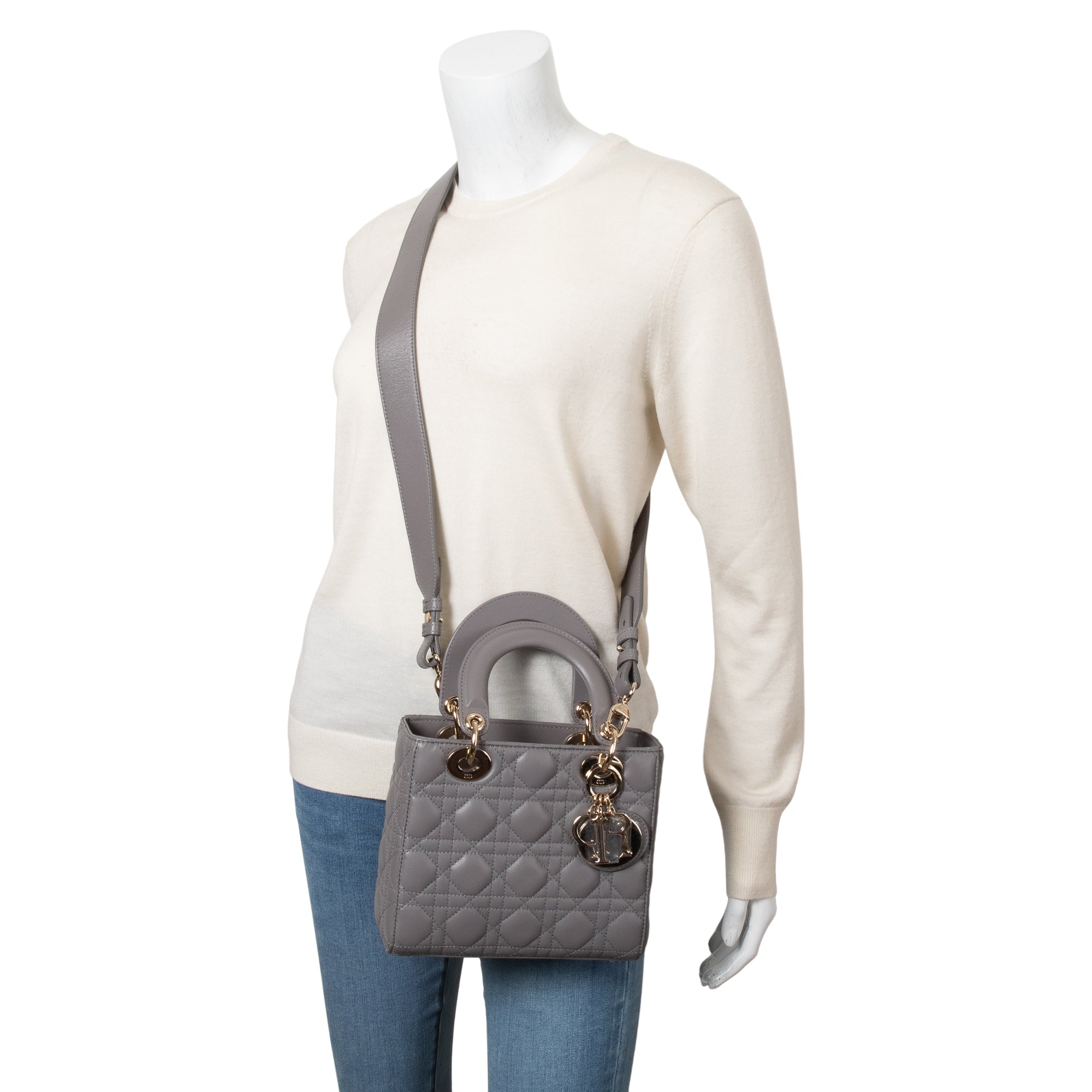 Christian Dior Grey Cannage Lambskin Leather Small Lady Dior Bag w/ Strap & Authenticity Card