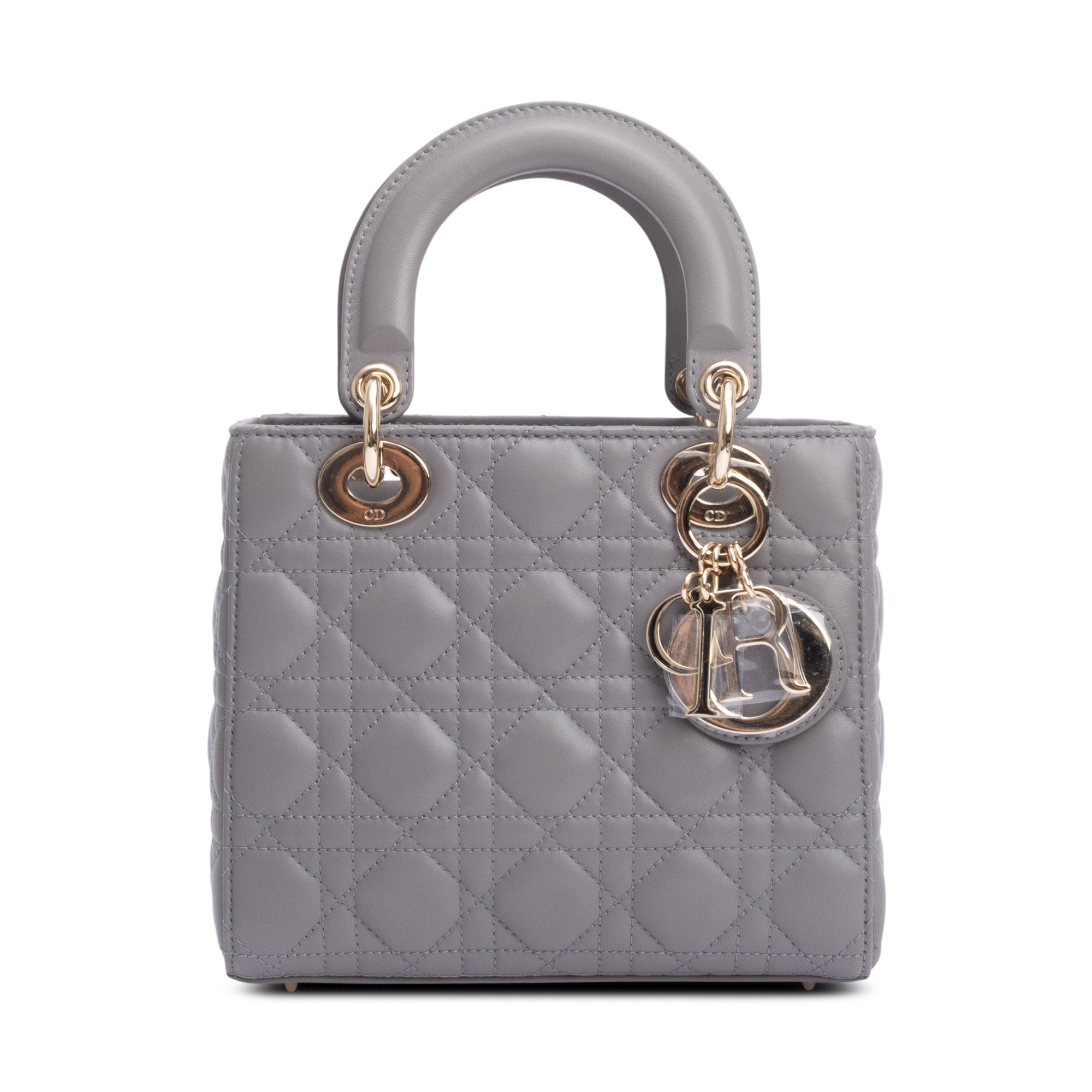 Christian Dior Grey Cannage Lambskin Leather Small Lady Dior Bag w/ Strap & Authenticity Card