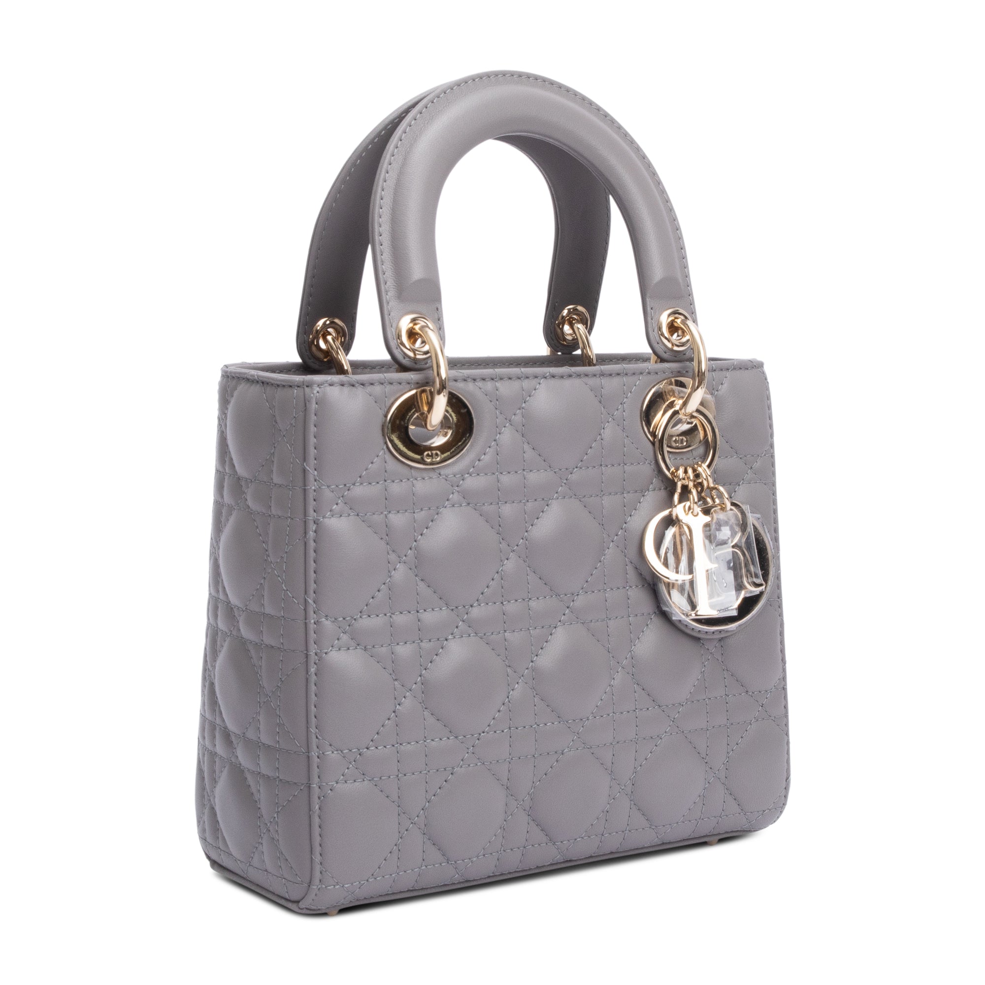 Christian Dior Grey Cannage Lambskin Leather Small Lady Dior Bag w/ Strap & Authenticity Card