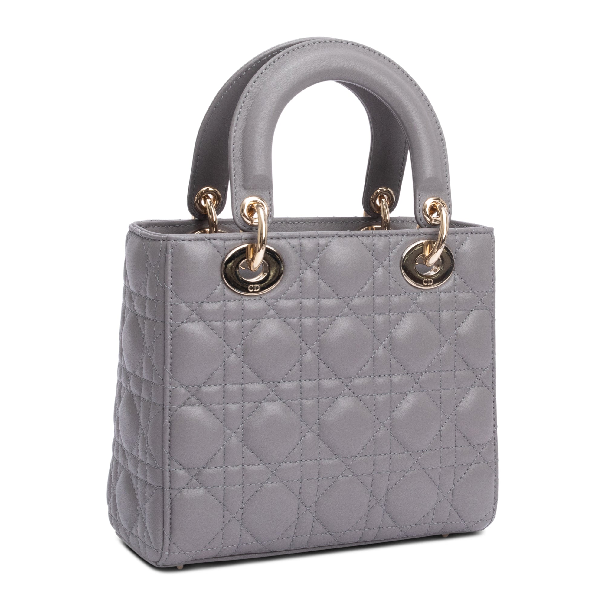 Christian Dior Grey Cannage Lambskin Leather Small Lady Dior Bag w/ Strap & Authenticity Card