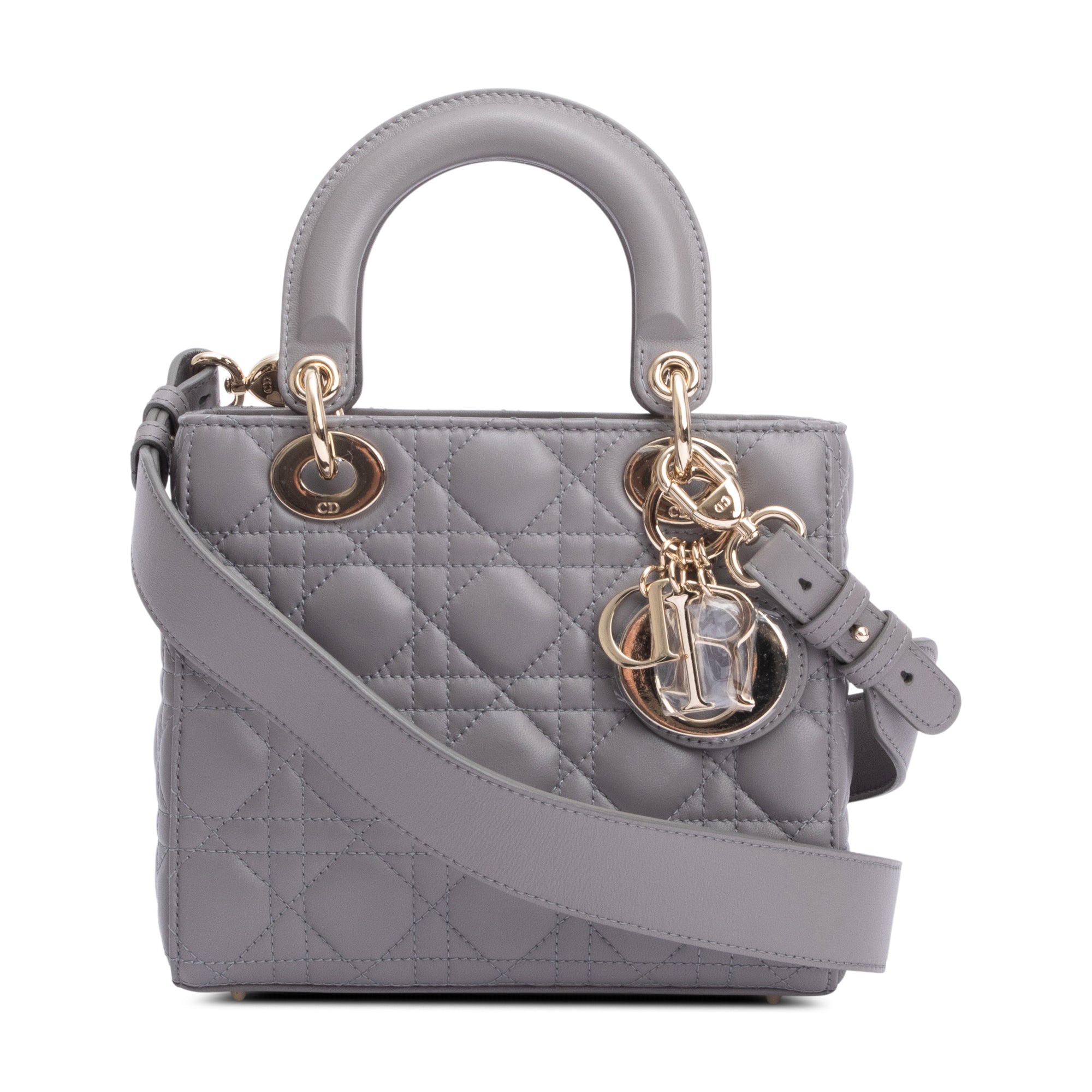 Christian Dior Grey Cannage Lambskin Leather Small Lady Dior Bag w/ Strap & Authenticity Card