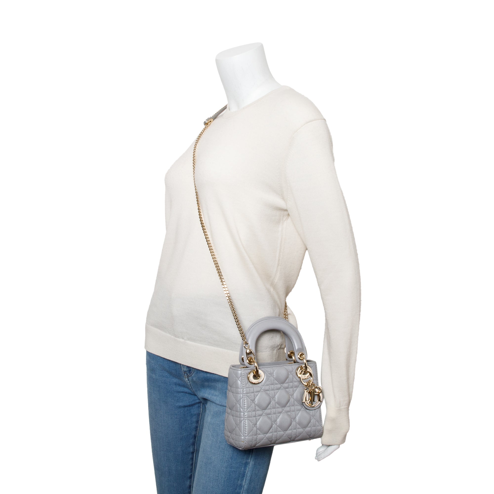 Christian Dior Grey Cannage Leather Mini Lady Dior Bag w/ Strap