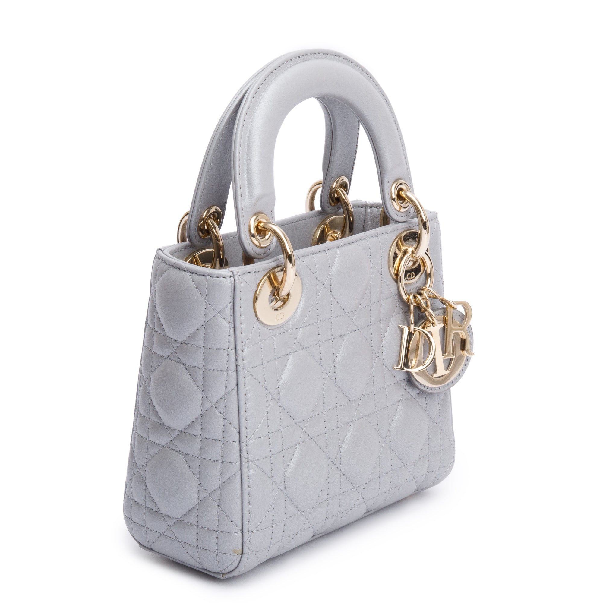 Christian Dior Grey Cannage Leather Mini Lady Dior Bag w/ Strap