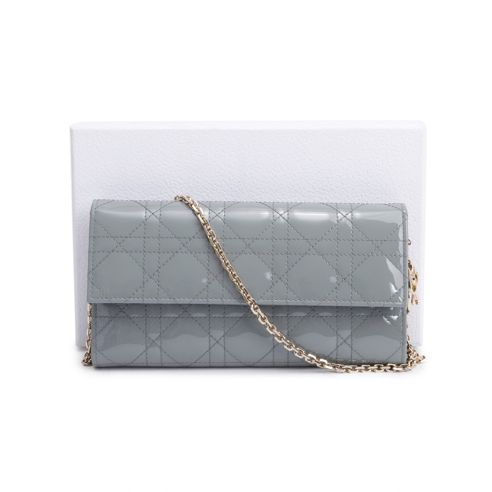 Christian Dior Grey Cannage Patent Leather Lady Dior Rendezvous Wallet on Chain w/ Box