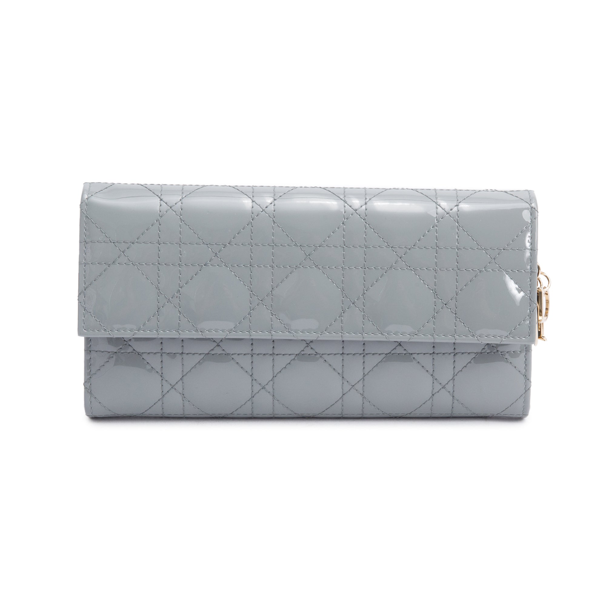 Christian Dior Grey Cannage Patent Leather Lady Dior Rendezvous Wallet on Chain w/ Box