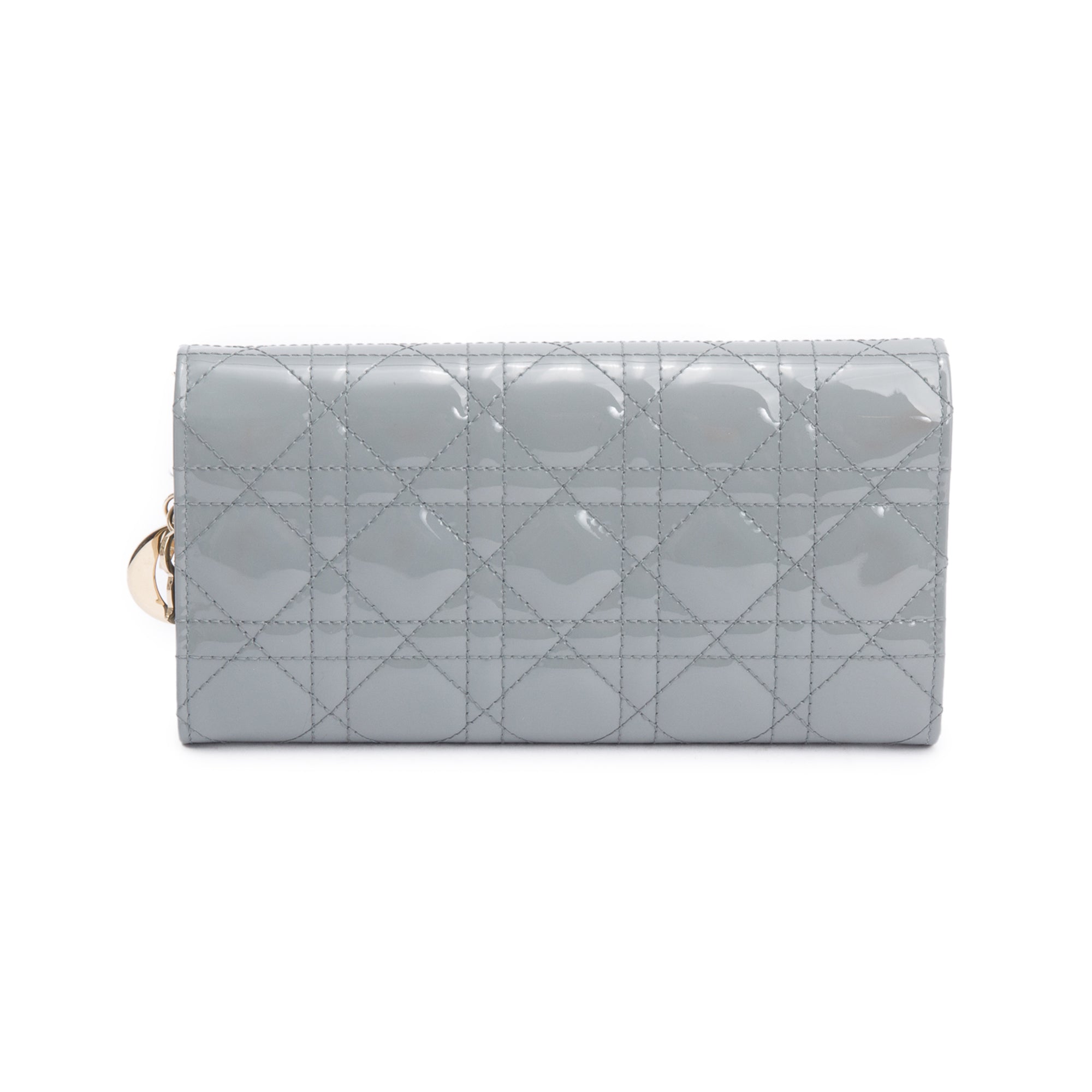 Christian Dior Grey Cannage Patent Leather Lady Dior Rendezvous Wallet on Chain w/ Box