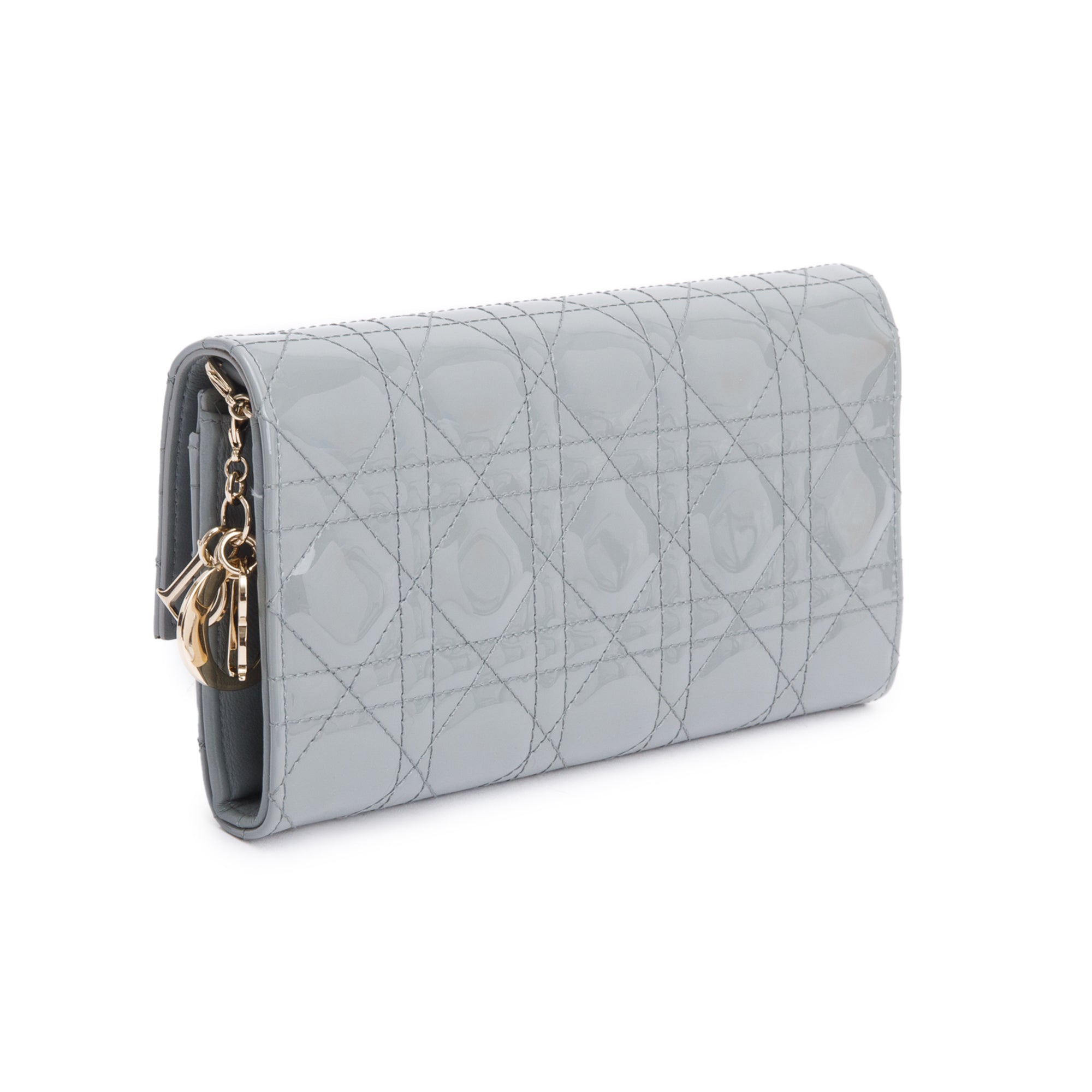 Christian Dior Grey Cannage Patent Leather Lady Dior Rendezvous Wallet on Chain w/ Box