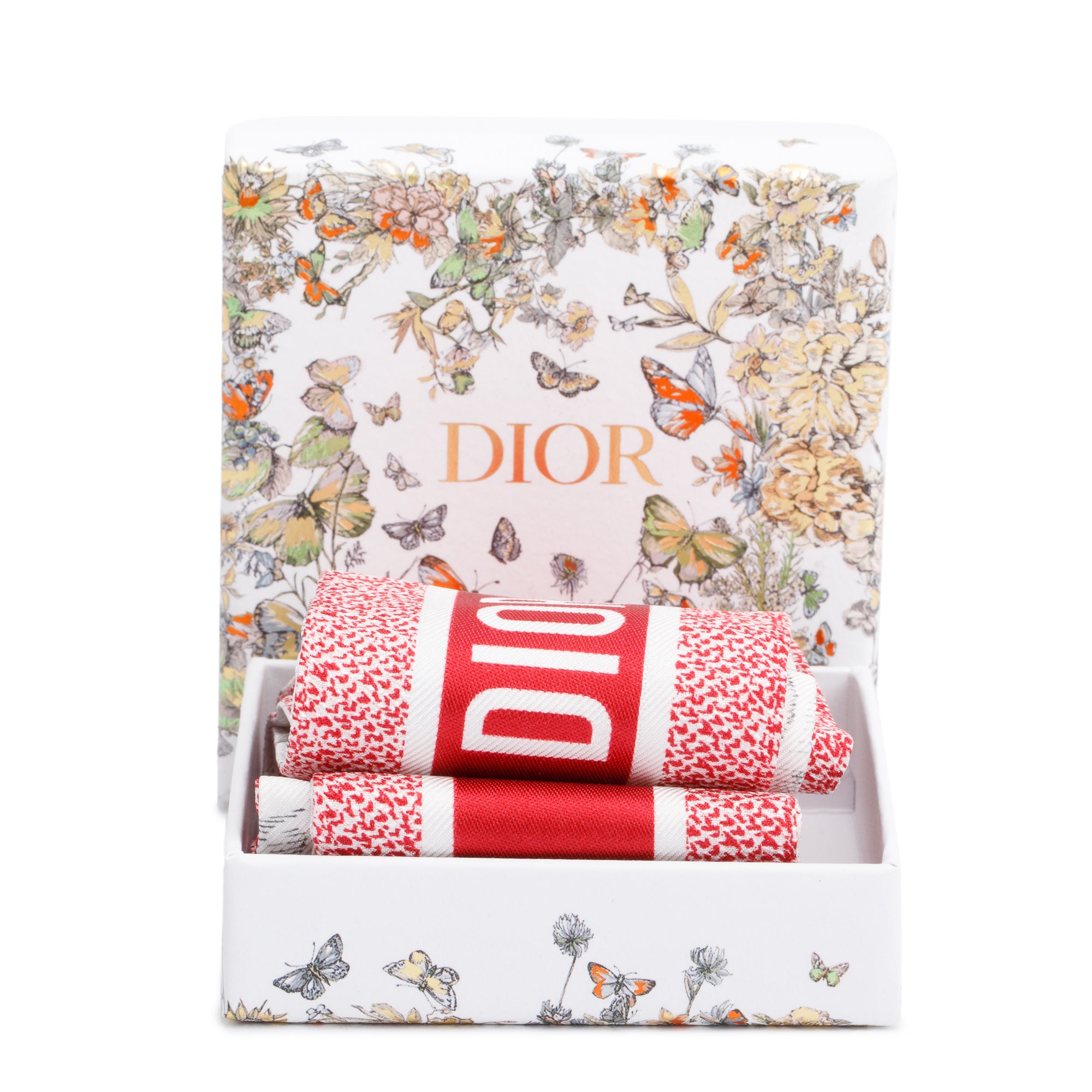 Christian Dior Ivory and Red Multicolor Cabinet de Curiosites Mitzah Silk Twilly w/ Box
