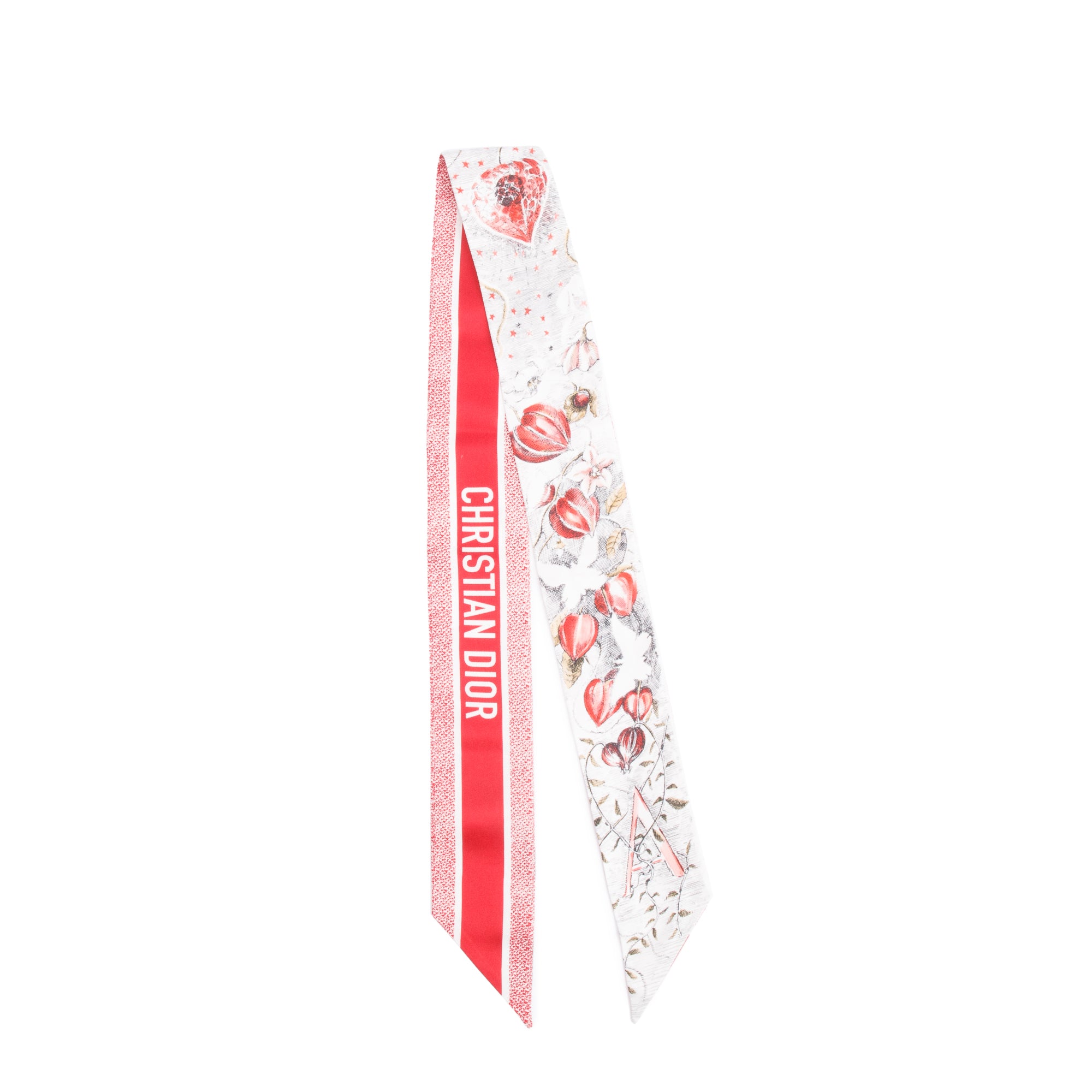 Christian Dior Ivory and Red Multicolor Cabinet de Curiosites Mitzah Silk Twilly w/ Box