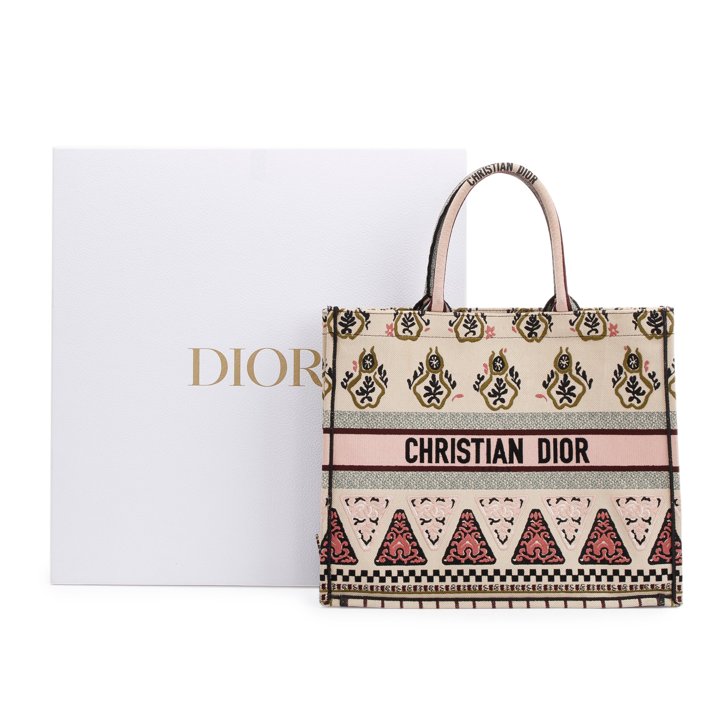 Christian Dior Large Multicolor Embroidered Geometric Canvas Book Tote w/ Box