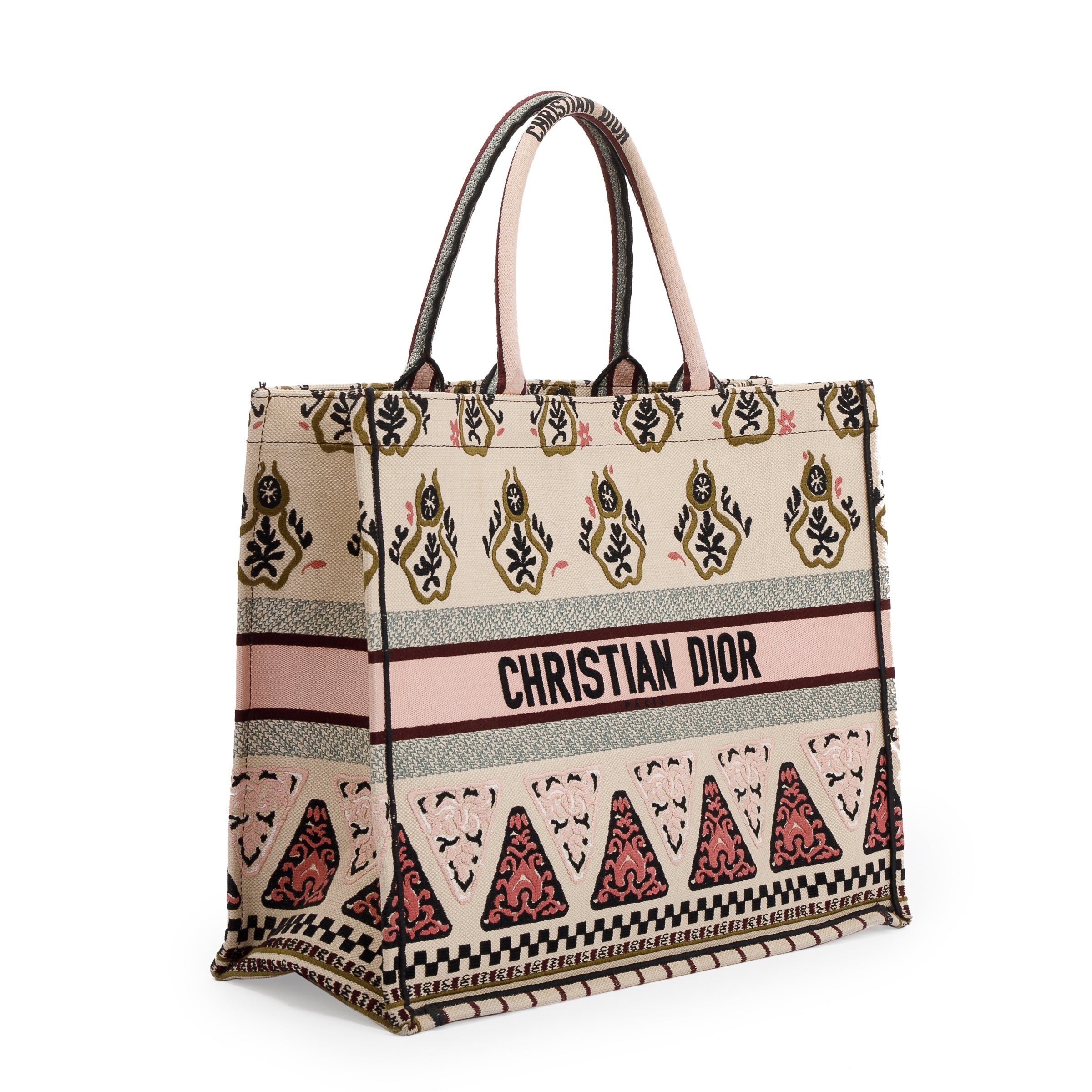 Christian Dior Large Multicolor Embroidered Geometric Canvas Book Tote w/ Box