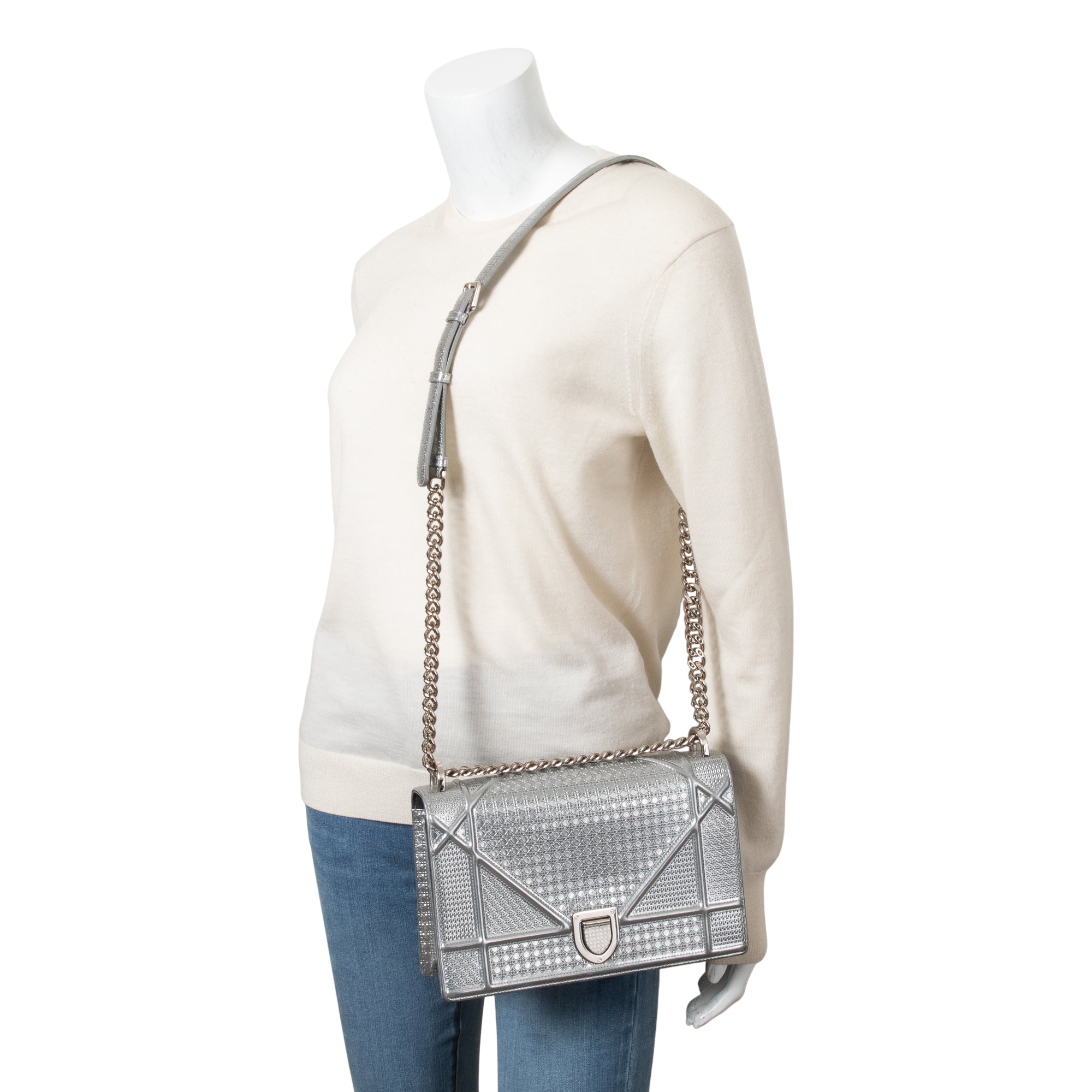 Christian Dior Large Silver Metallic Microcannage Diorama Shoulder Bag
