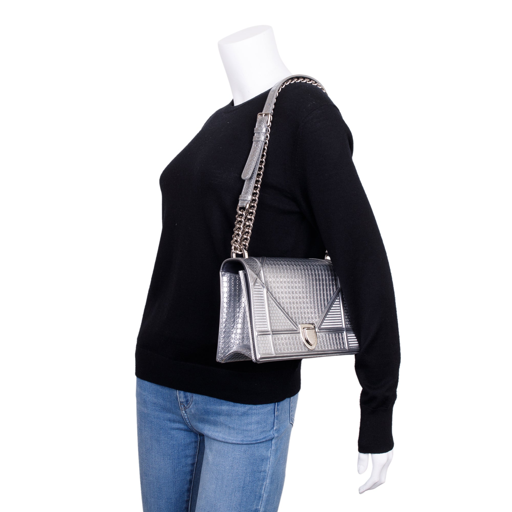 Christian Dior Large Silver Metallic Microcannage Diorama Shoulder Bag w/ Box