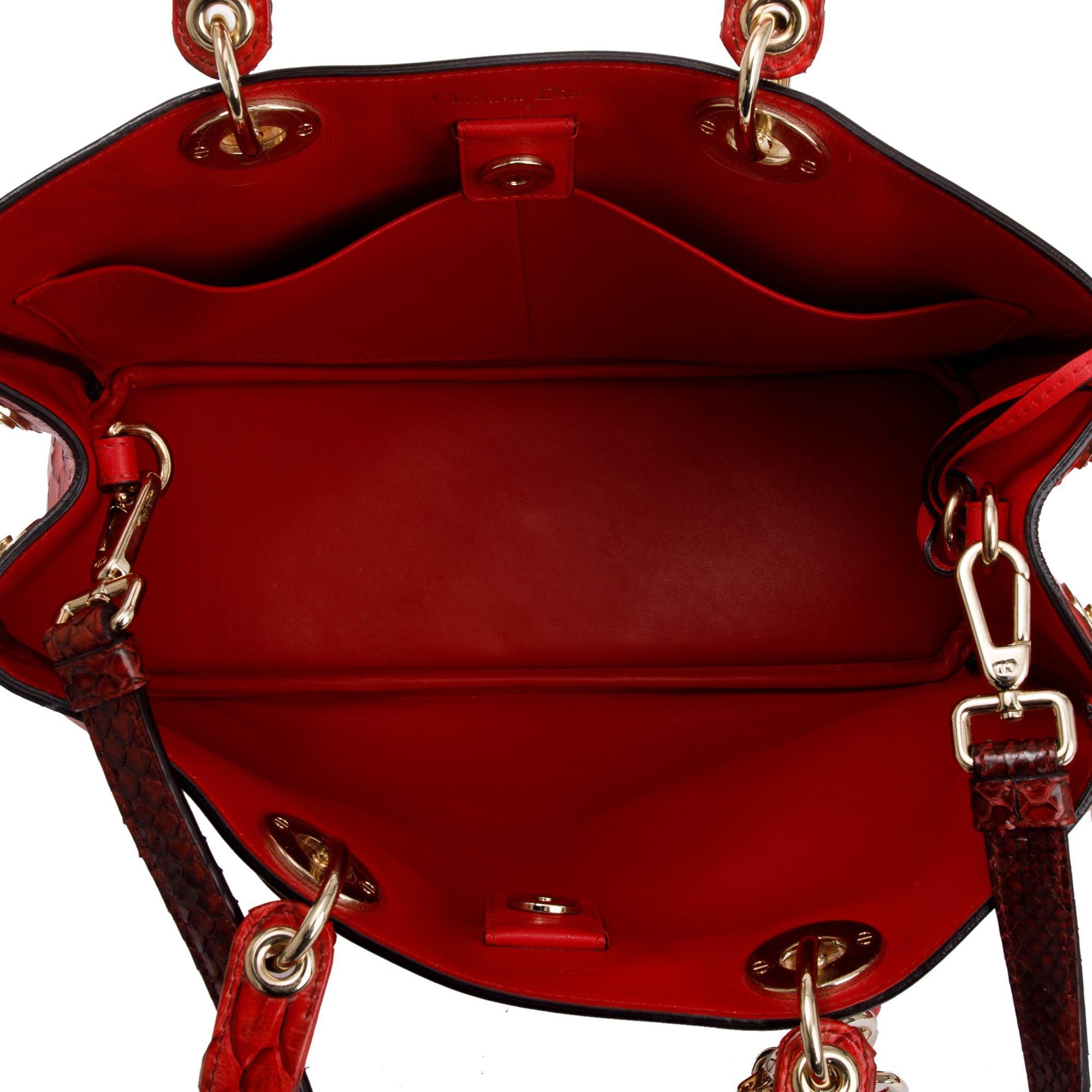 Christian Dior Medium Red Python Trimmed Calfskin Leather Diorissimo Tote w/ Strap & Pouch