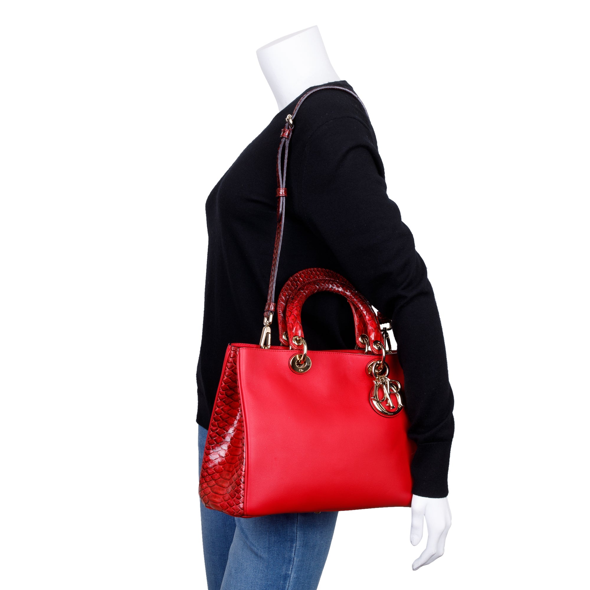 Christian Dior Medium Red Python Trimmed Calfskin Leather Diorissimo Tote w/ Strap & Pouch