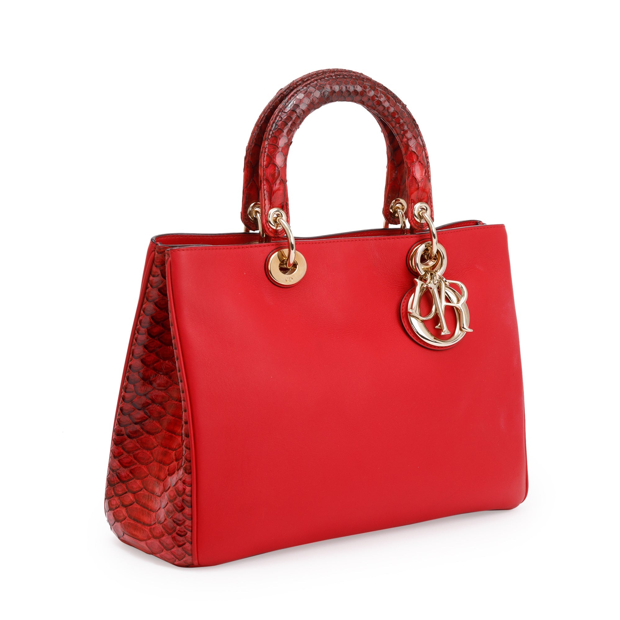 Christian Dior Medium Red Python Trimmed Calfskin Leather Diorissimo Tote w/ Strap & Pouch