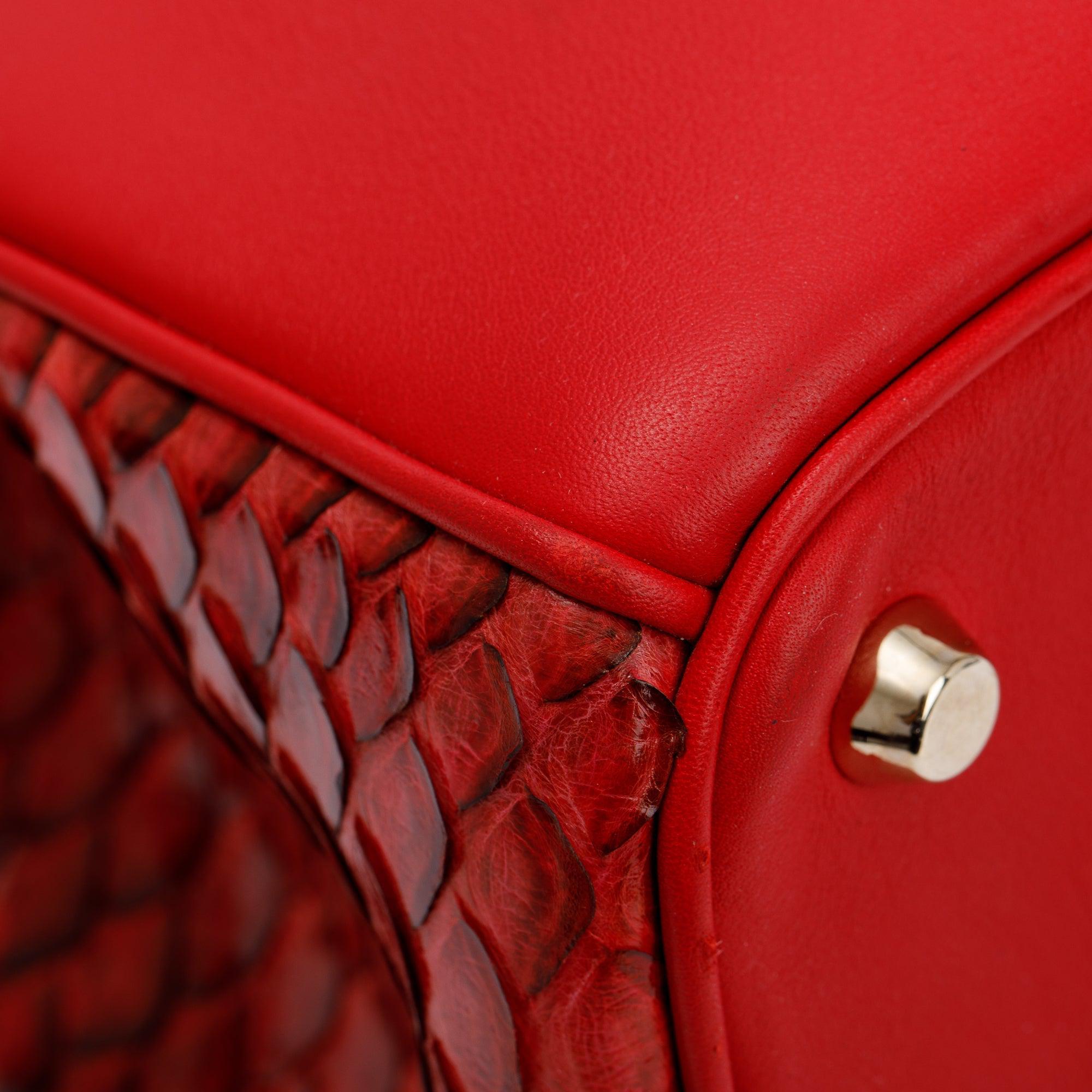 Christian Dior Medium Red Python Trimmed Calfskin Leather Diorissimo Tote w/ Strap & Pouch