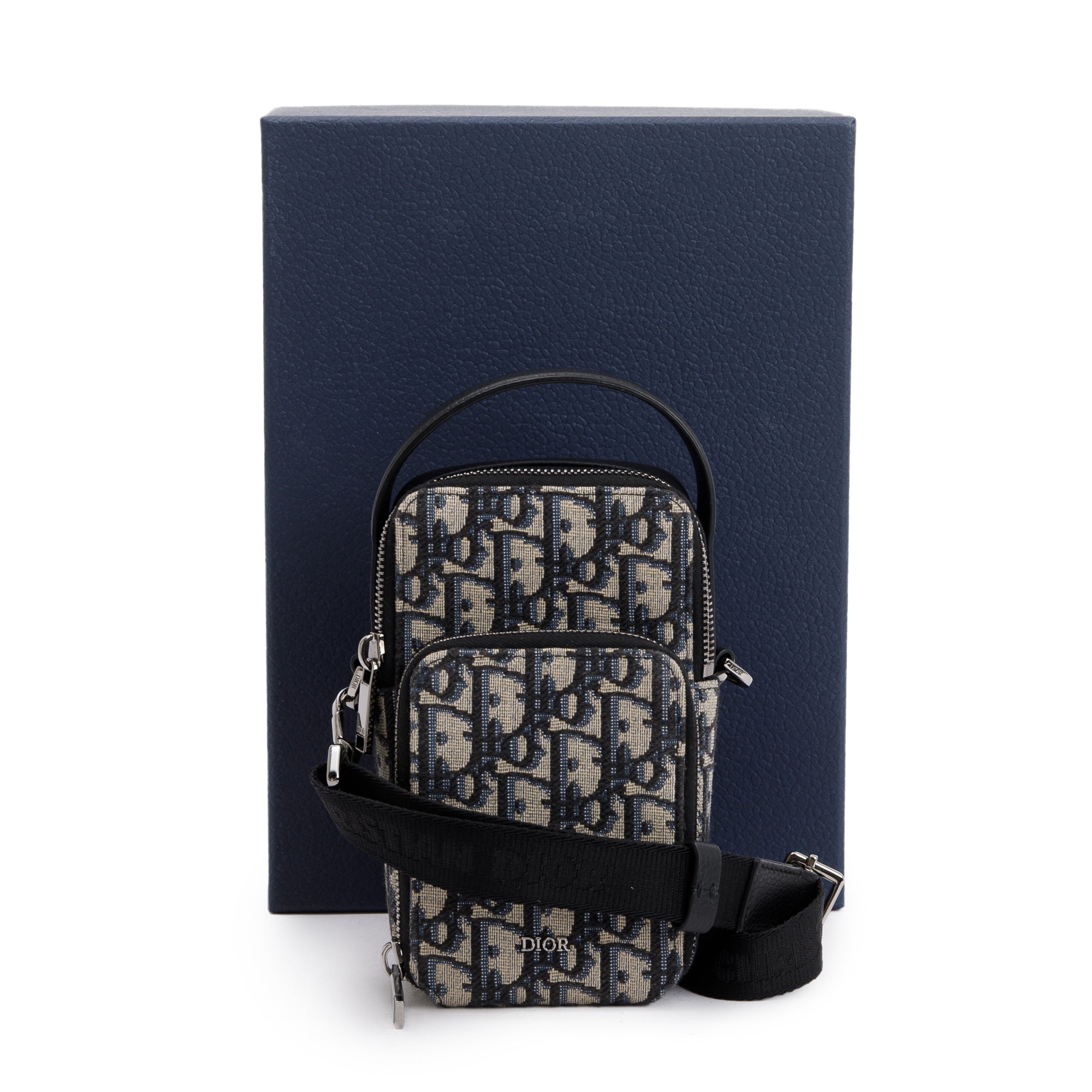 Christian Dior Men 2022 Beige & Black Oblique Jacquard Micro Rider Crossbody Pouch w/ Box & Receipt