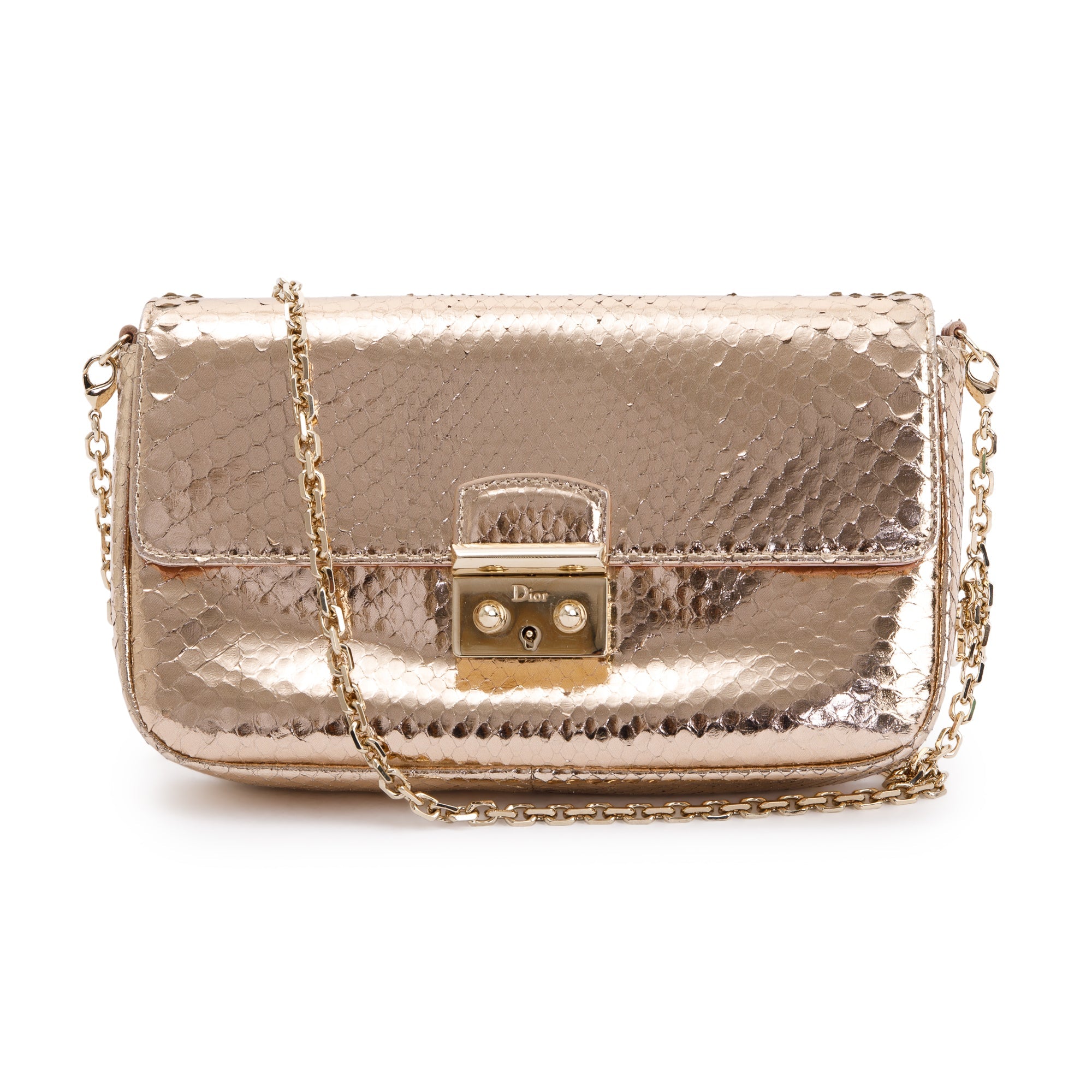 Christian Dior Metallic Gold Python Miss Dior Promenade Wallet on Chain w/ Authenticity Card