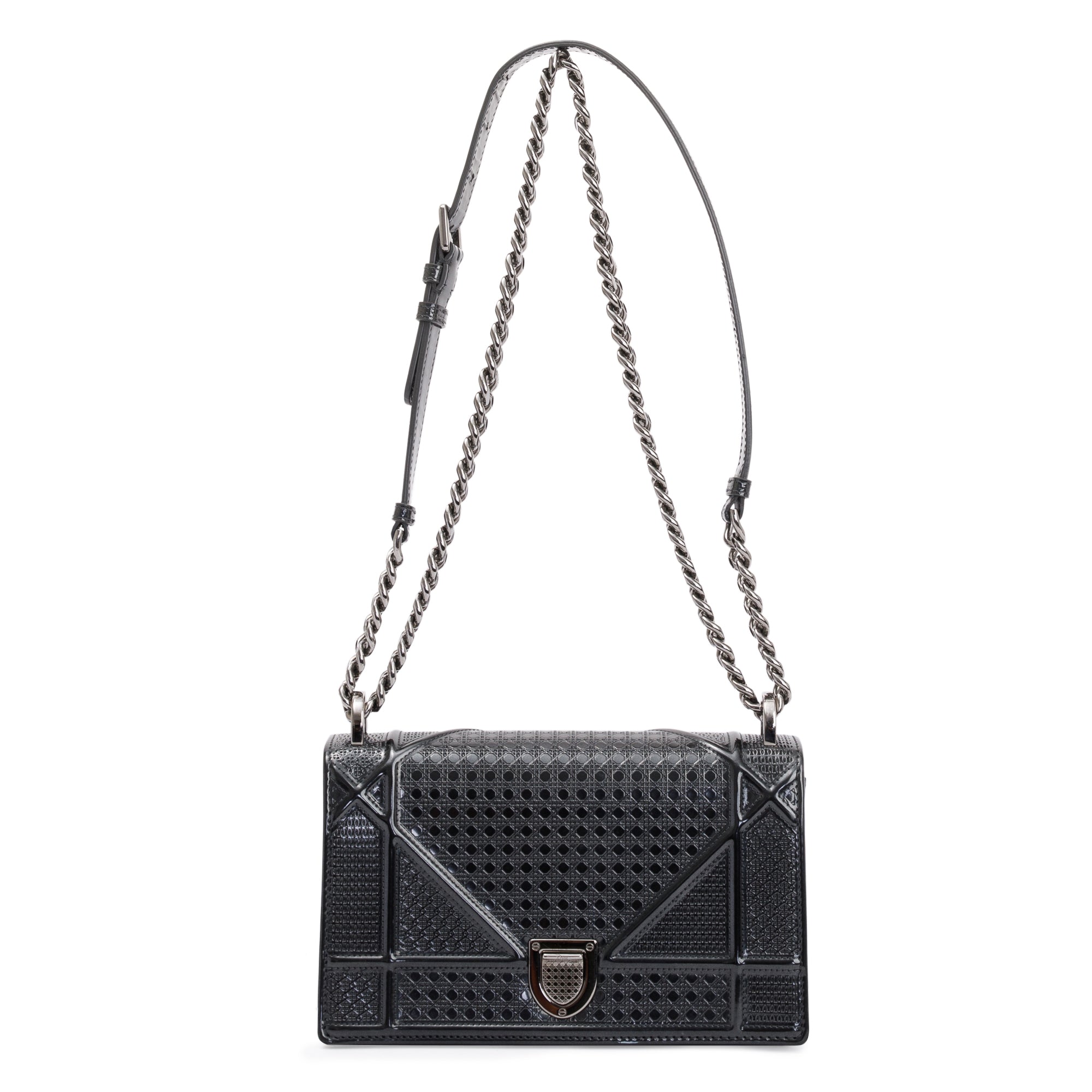 Christian Dior Metallic Grey Micro-Cannage Patent Leather Small Diorama Shoulder Bag w/ Box & Authenticity Card