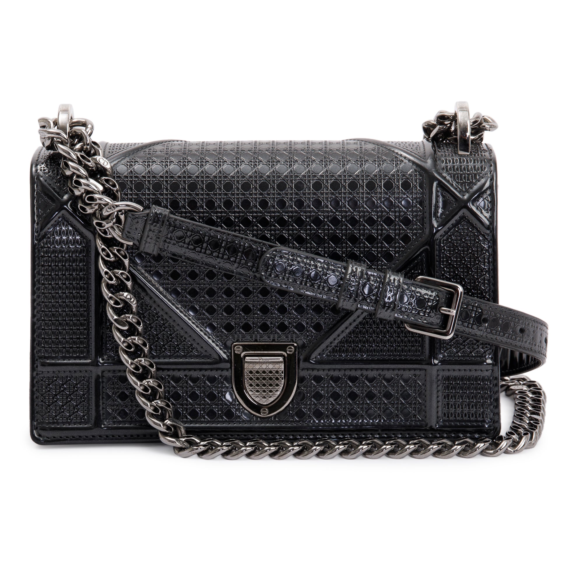 Christian Dior Metallic Grey Micro-Cannage Patent Leather Small Diorama Shoulder Bag w/ Box & Authenticity Card