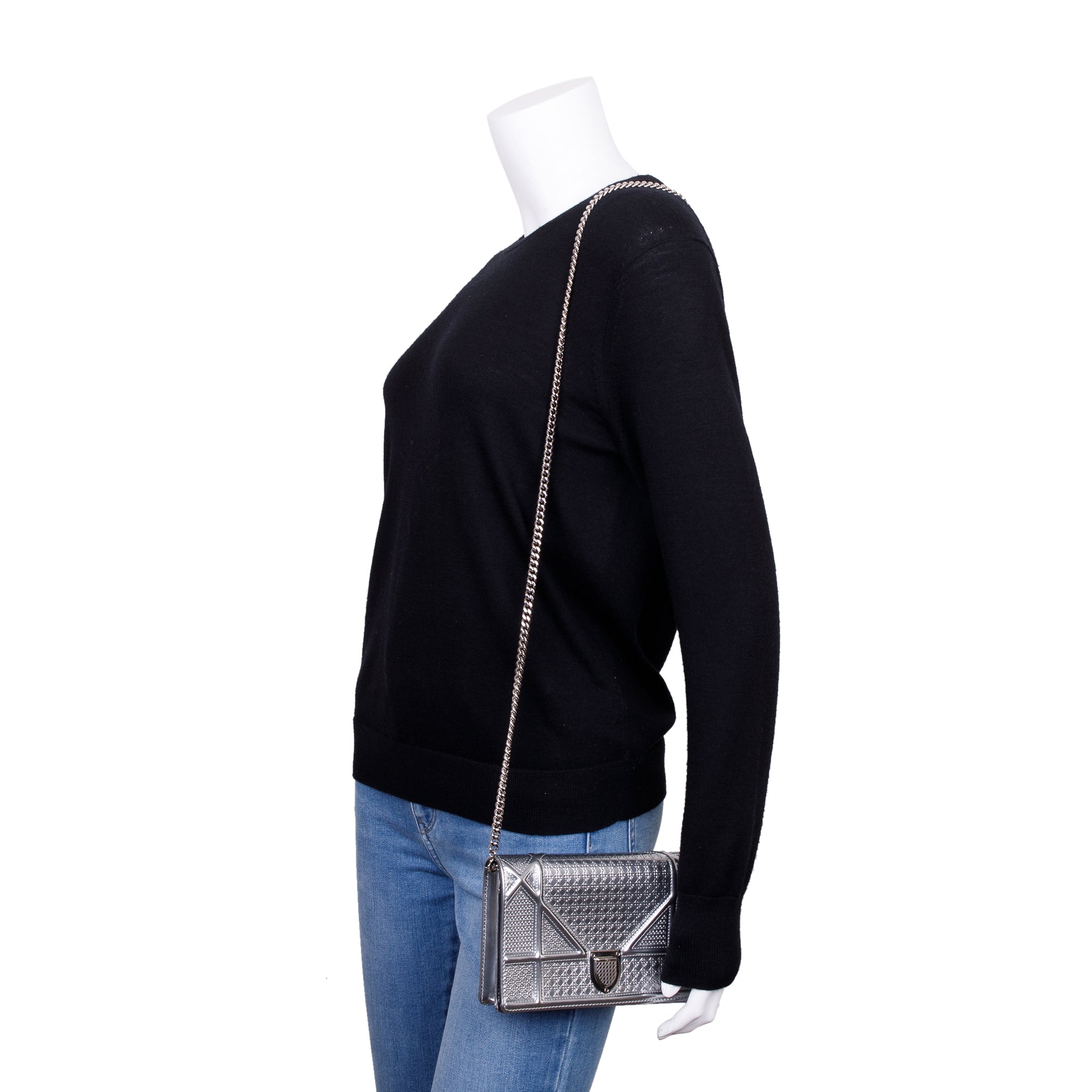 Christian Dior Metallic Silver Cannage Patent Leather Diorama Wallet on Chain