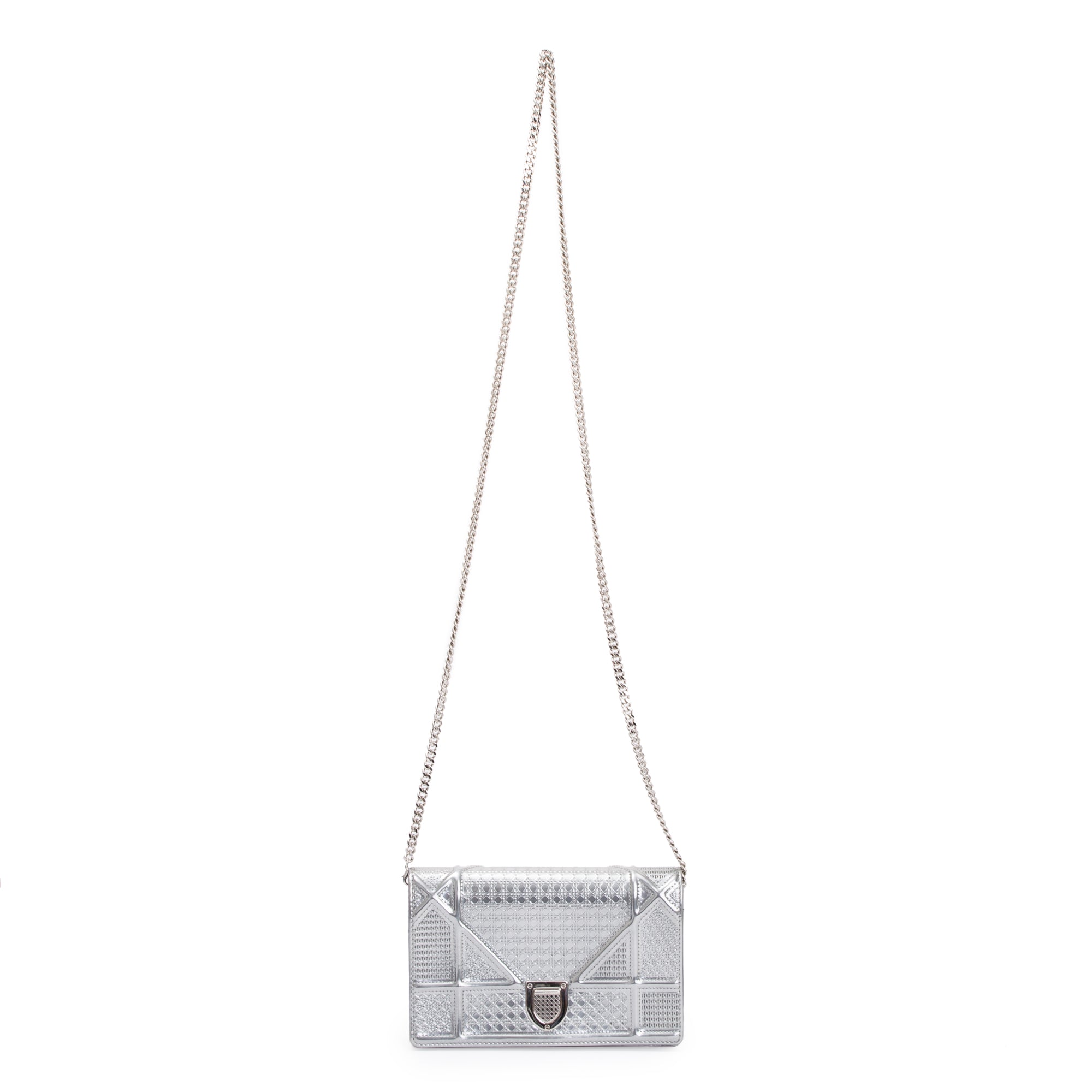 Christian Dior Metallic Silver Cannage Patent Leather Diorama Wallet on Chain