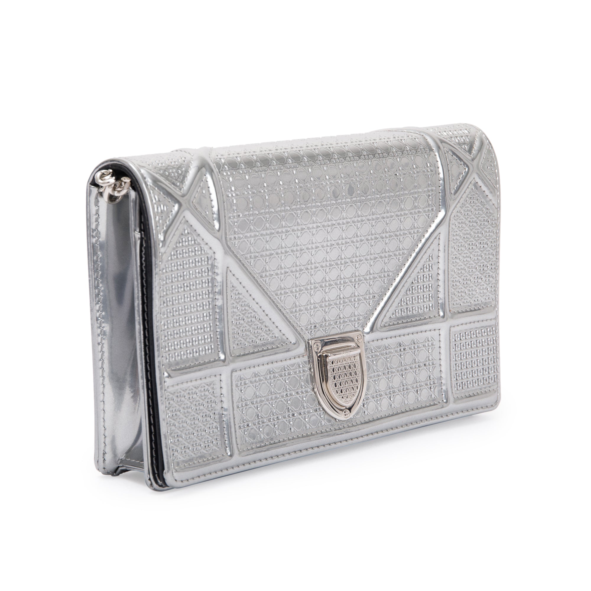Christian Dior Metallic Silver Cannage Patent Leather Diorama Wallet on Chain