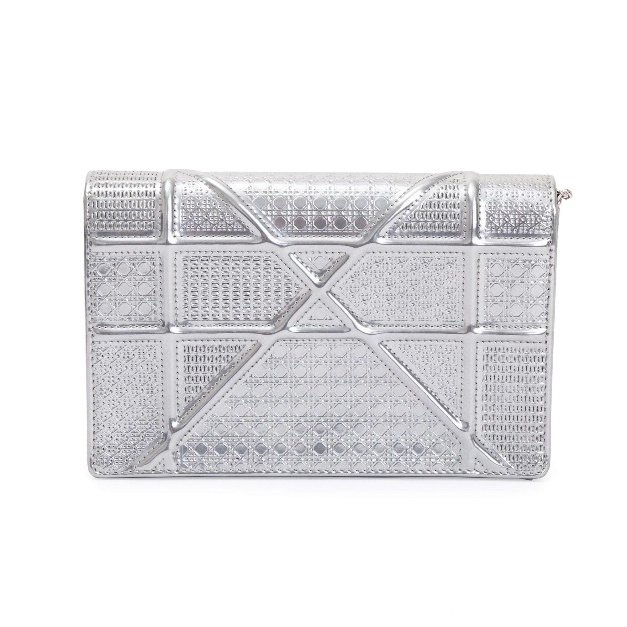 Christian Dior Metallic Silver Cannage Patent Leather Diorama Wallet on Chain