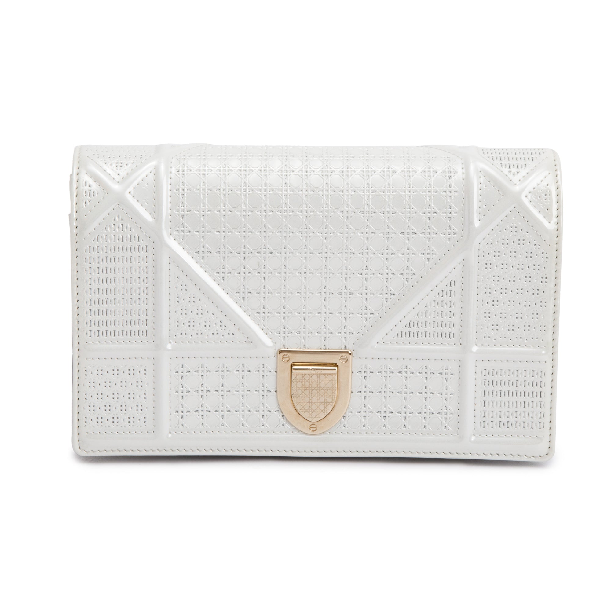 Christian Dior Metallic White Microcannage Patent Leather Diorama Wallet on Chain w/ Box & Authenticity Card