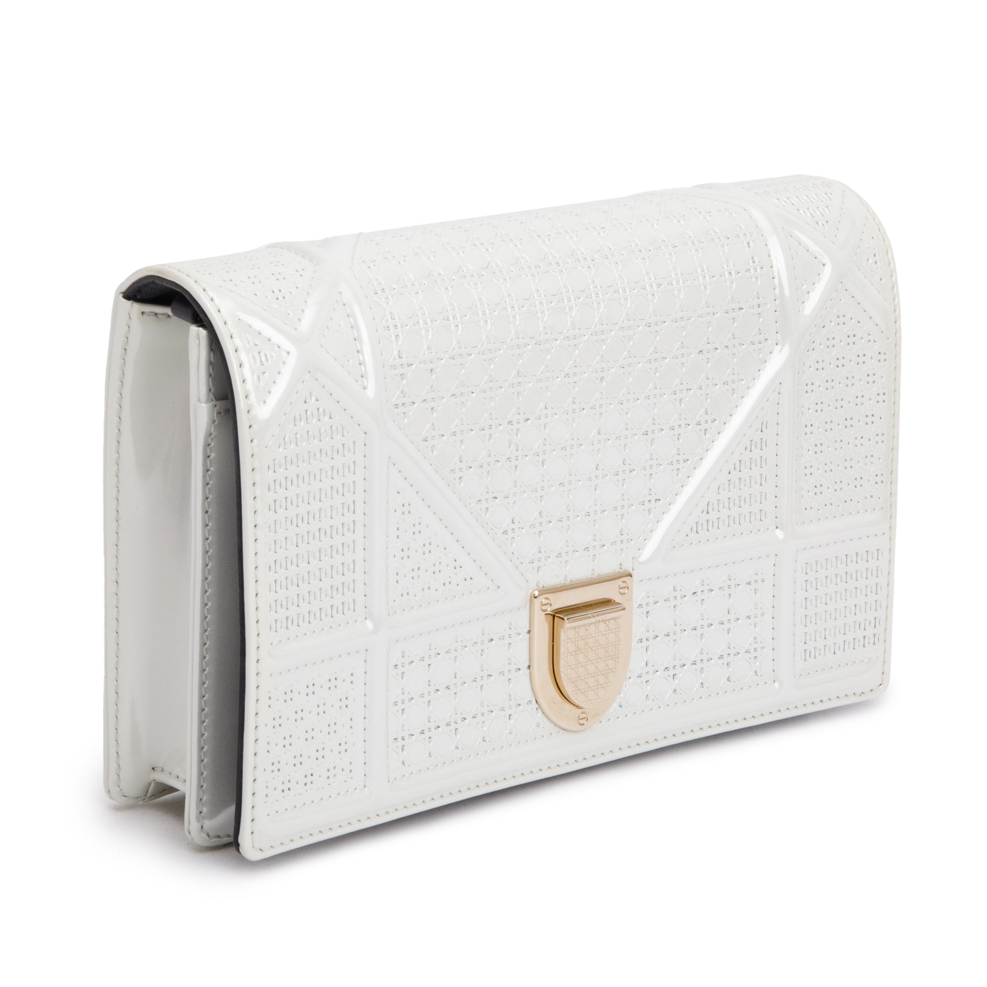 Christian Dior Metallic White Microcannage Patent Leather Diorama Wallet on Chain w/ Box & Authenticity Card