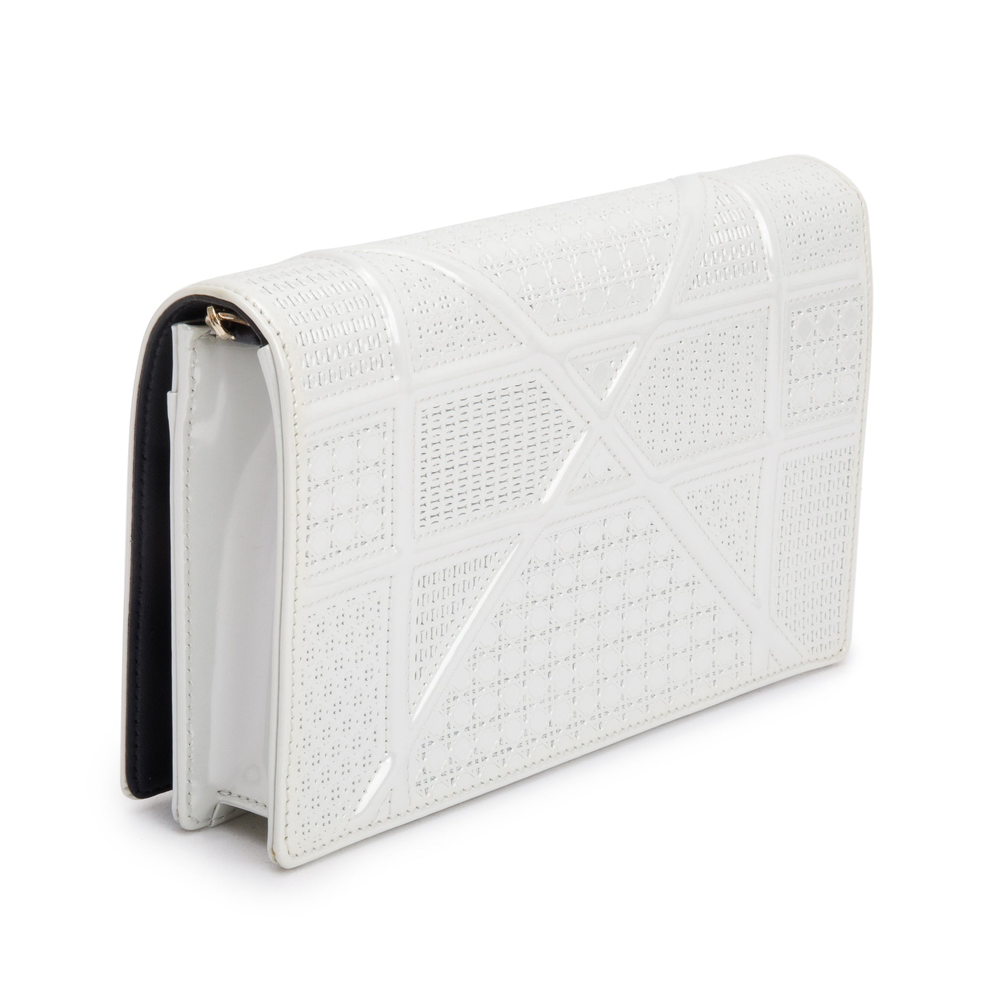 Christian Dior Metallic White Microcannage Patent Leather Diorama Wallet on Chain w/ Box & Authenticity Card