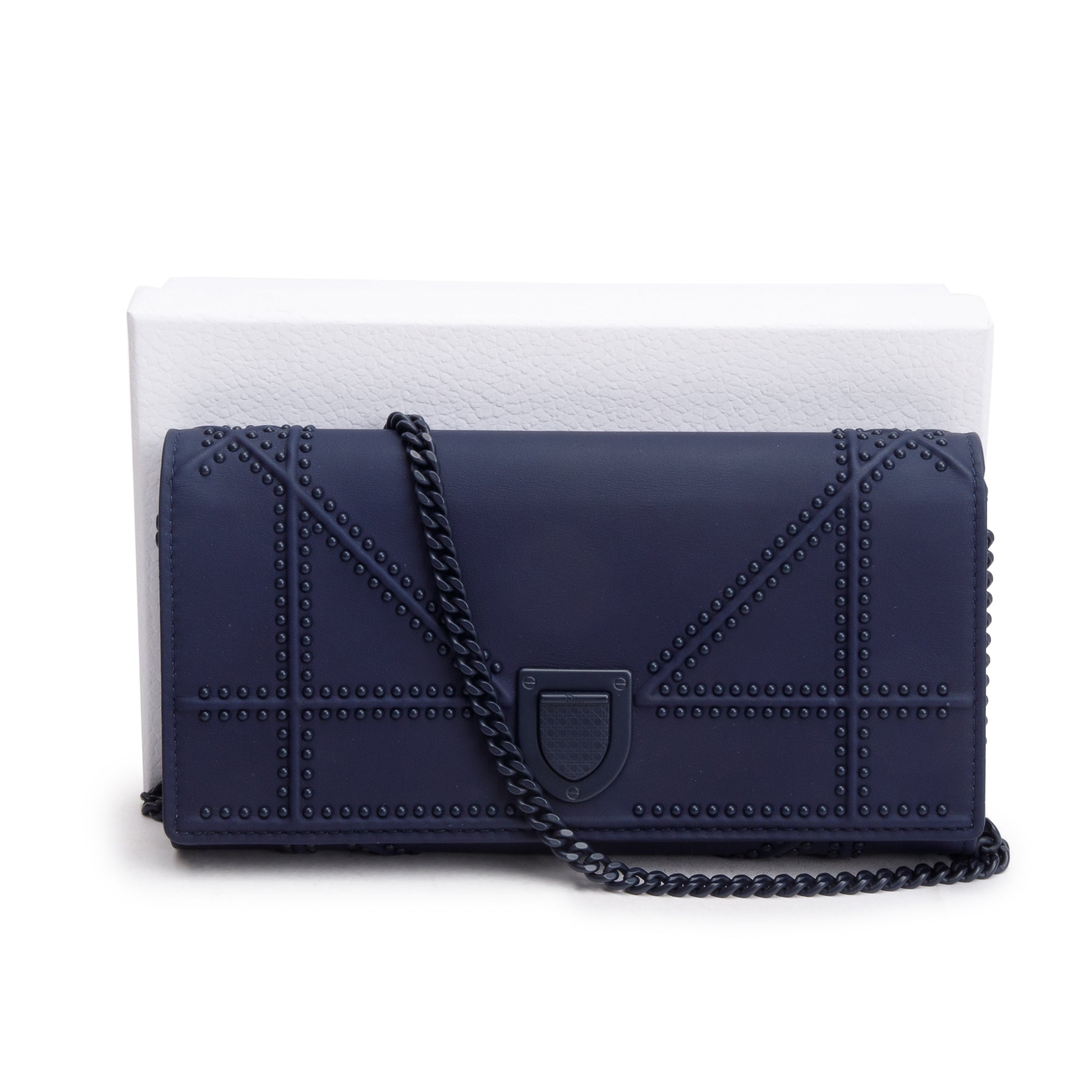 Christian Dior Navy Ultra Matte Calfskin Leather Studded Croisiere Diorama Wallet on Chain w/ Box