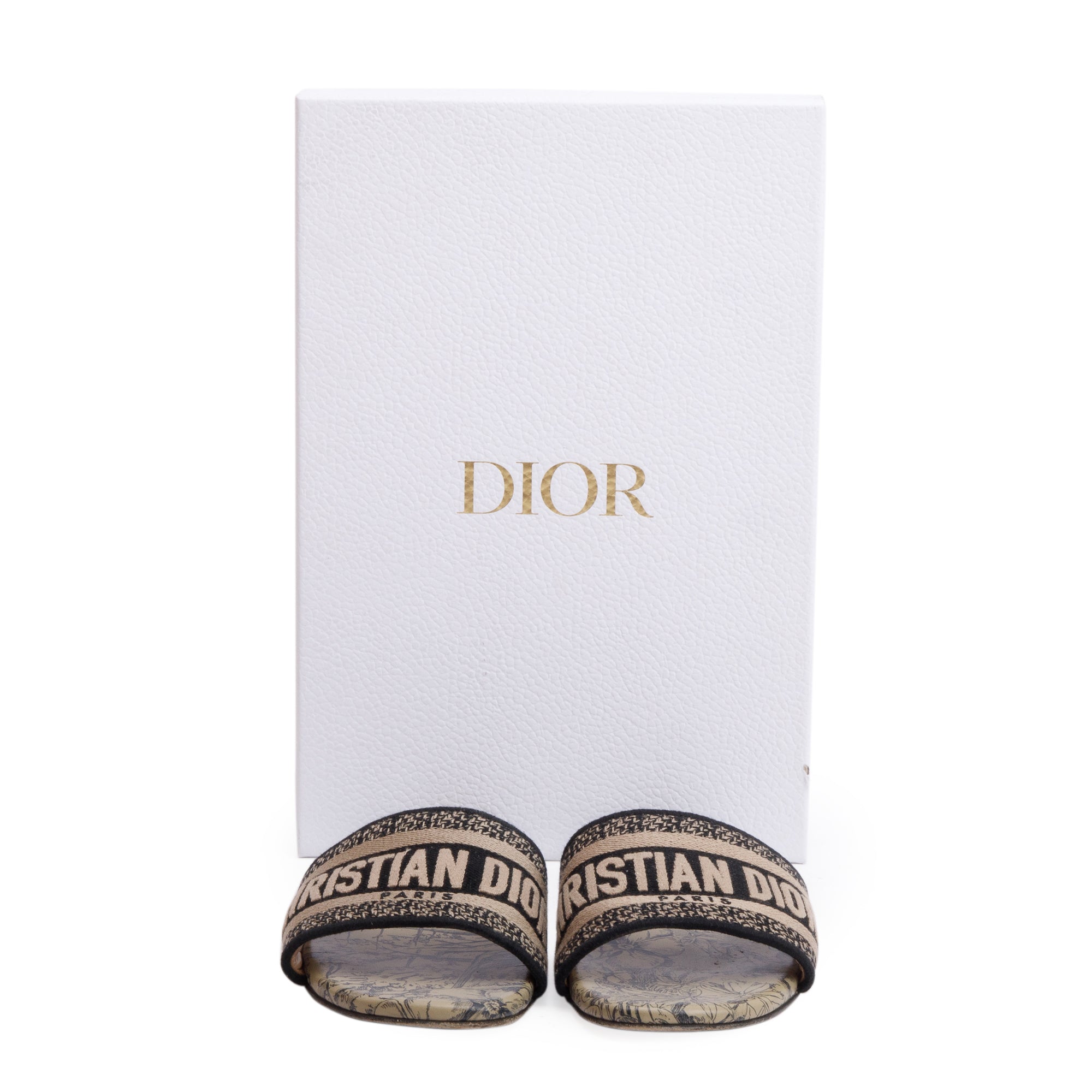 Christian Dior Neutral/Navy Embroidered Cotton Dway Slide, Size 37 w/ Box
